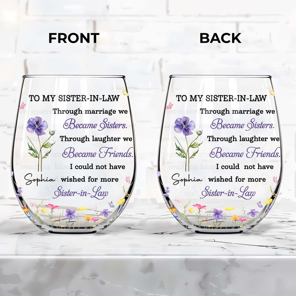 Personalized Stemless Wine Glass Custom Birth Month Flowers Gift for Sister-in-Law Wine Glasses GradoCreations