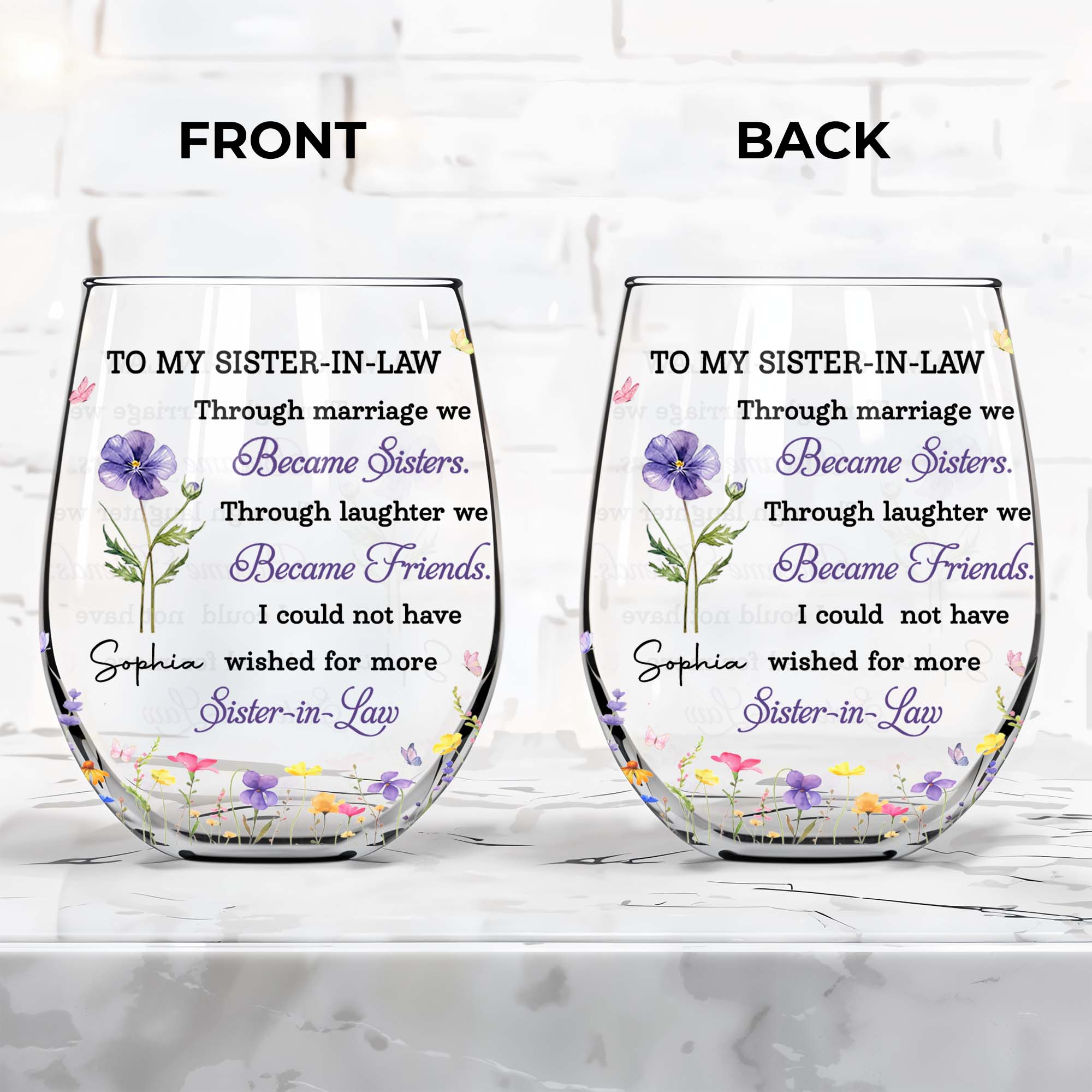 Personalized Stemless Wine Glass Custom Birth Month Flowers Gift for Sister-in-Law Wine Glasses GradoCreations