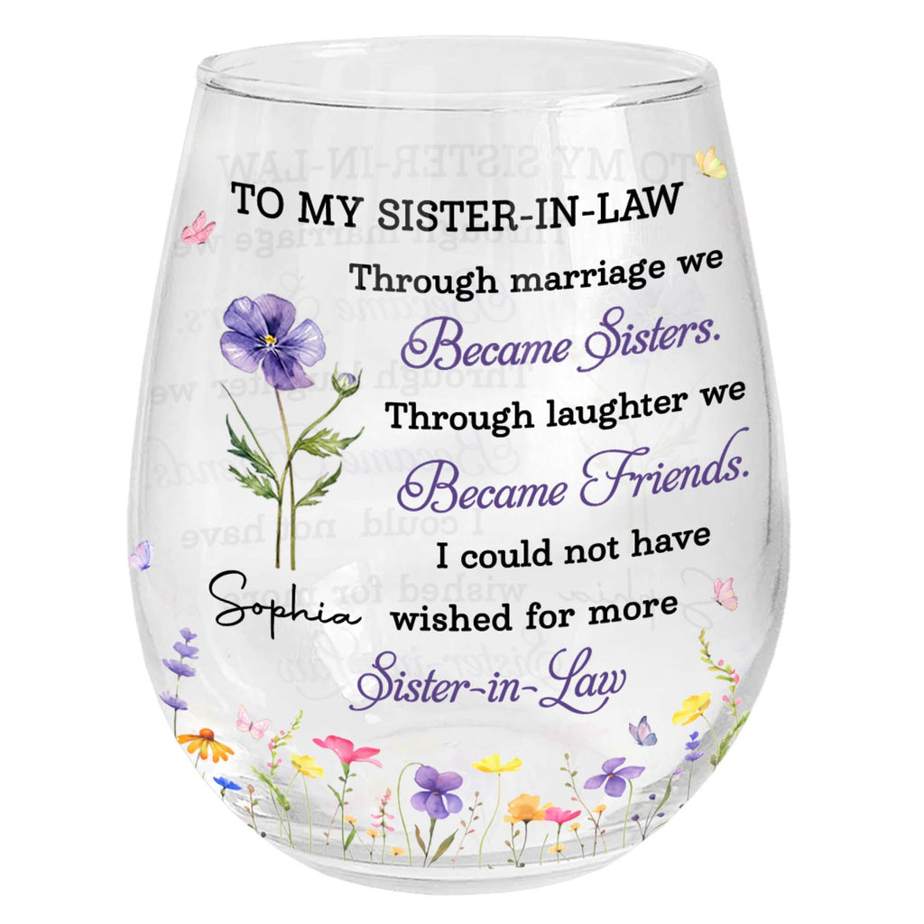 Personalized Stemless Wine Glass Custom Birth Month Flowers Gift for Sister-in-Law Wine Glasses GradoCreations