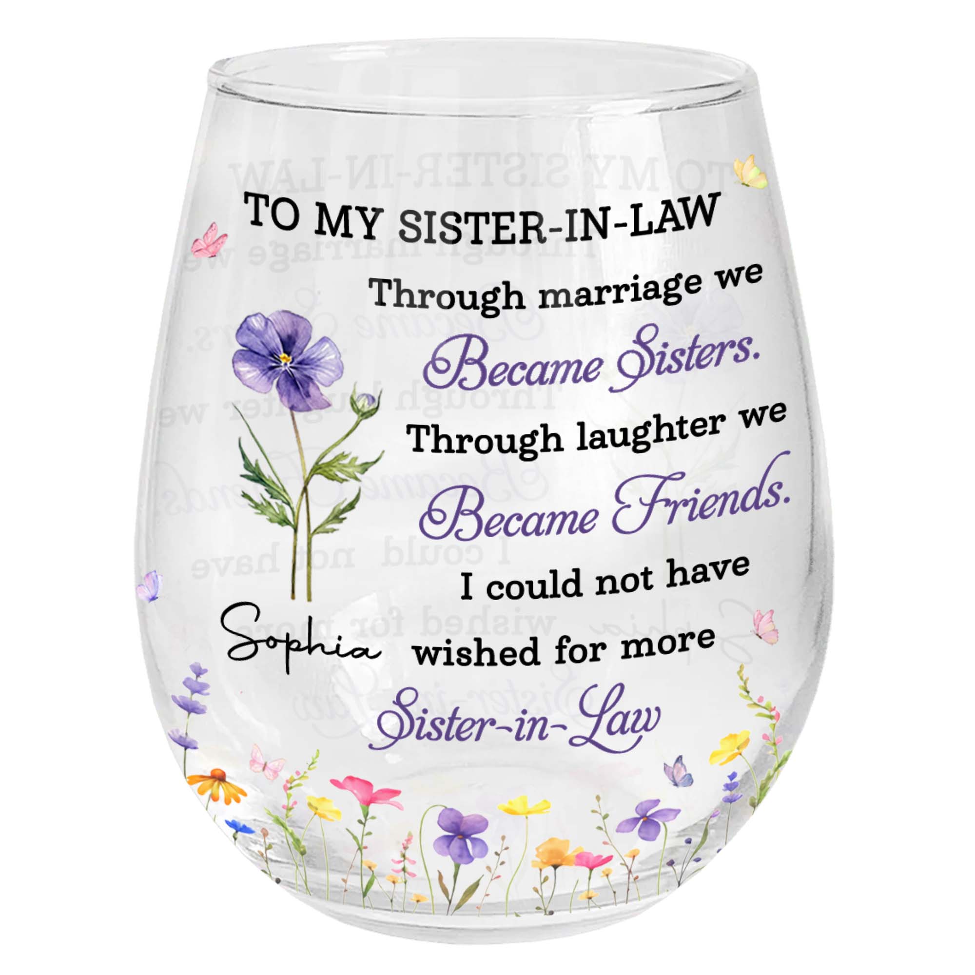 Personalized Stemless Wine Glass Custom Birth Month Flowers Gift for Sister-in-Law Wine Glasses GradoCreations