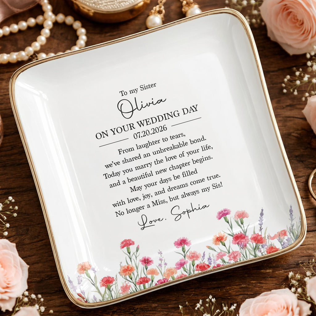 Personalized Wedding Day Jewelry Dish for Sister with Birth Month Flowers Jewelry Dish GradoCreations