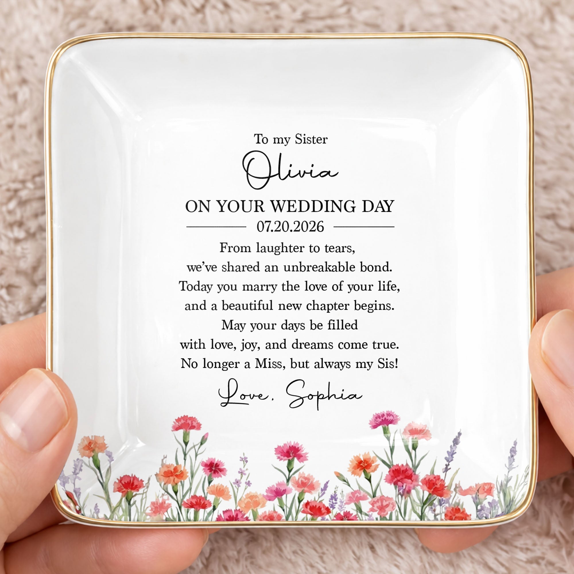 Personalized Wedding Day Jewelry Dish for Sister with Birth Month Flowers Jewelry Dish GradoCreations
