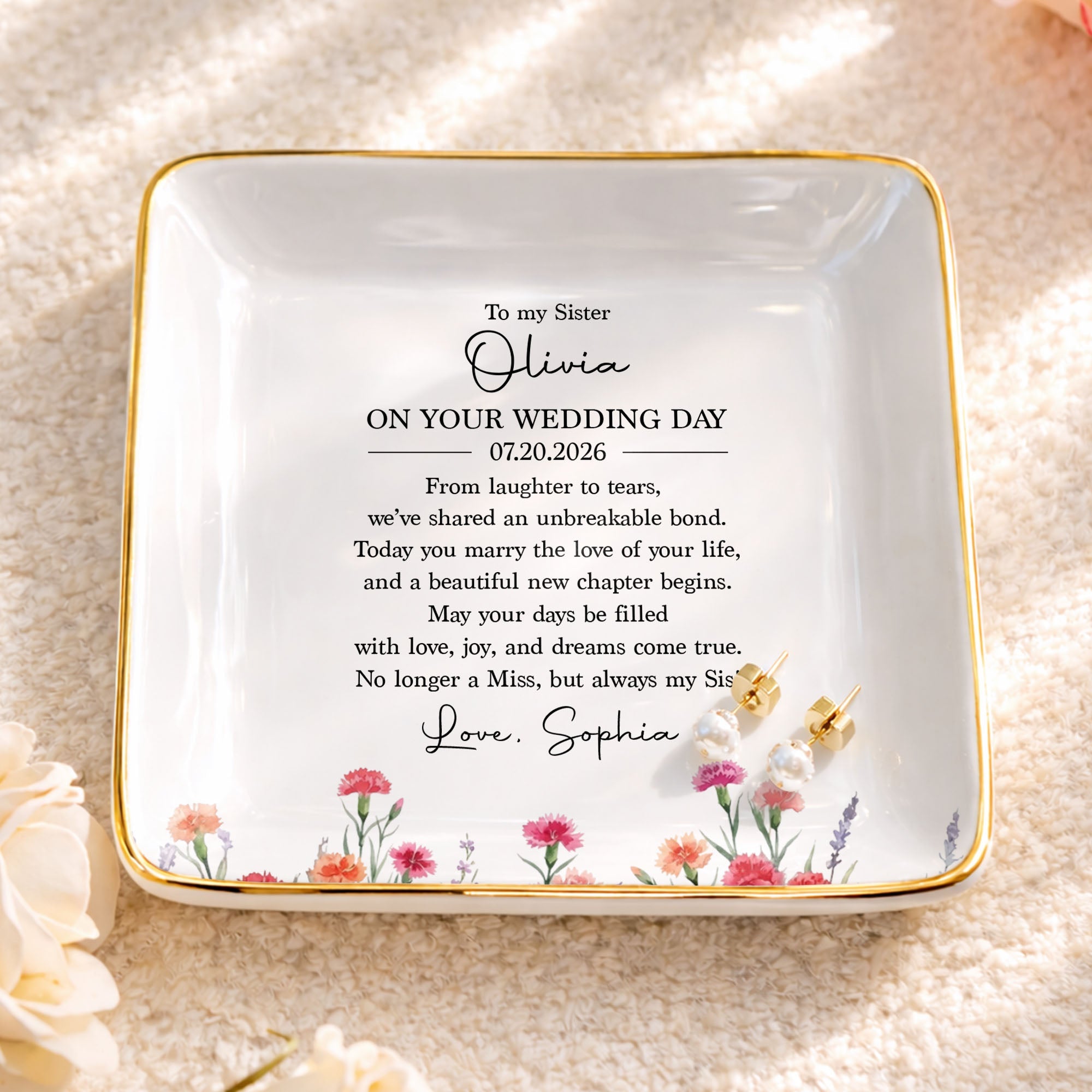 Personalized Wedding Day Jewelry Dish for Sister with Birth Month Flowers Jewelry Dish GradoCreations