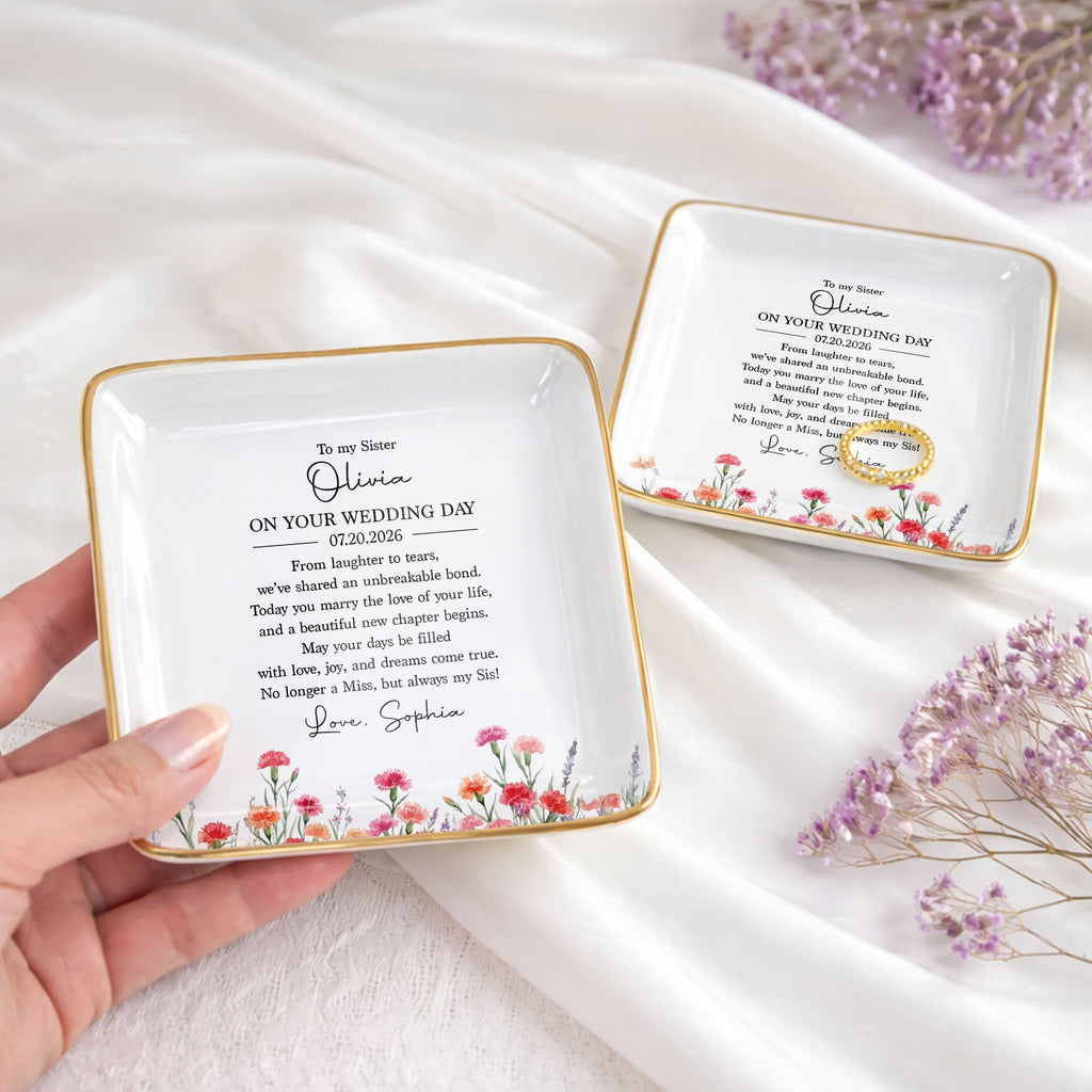 Personalized Wedding Day Jewelry Dish for Sister with Birth Month Flowers Jewelry Dish GradoCreations
