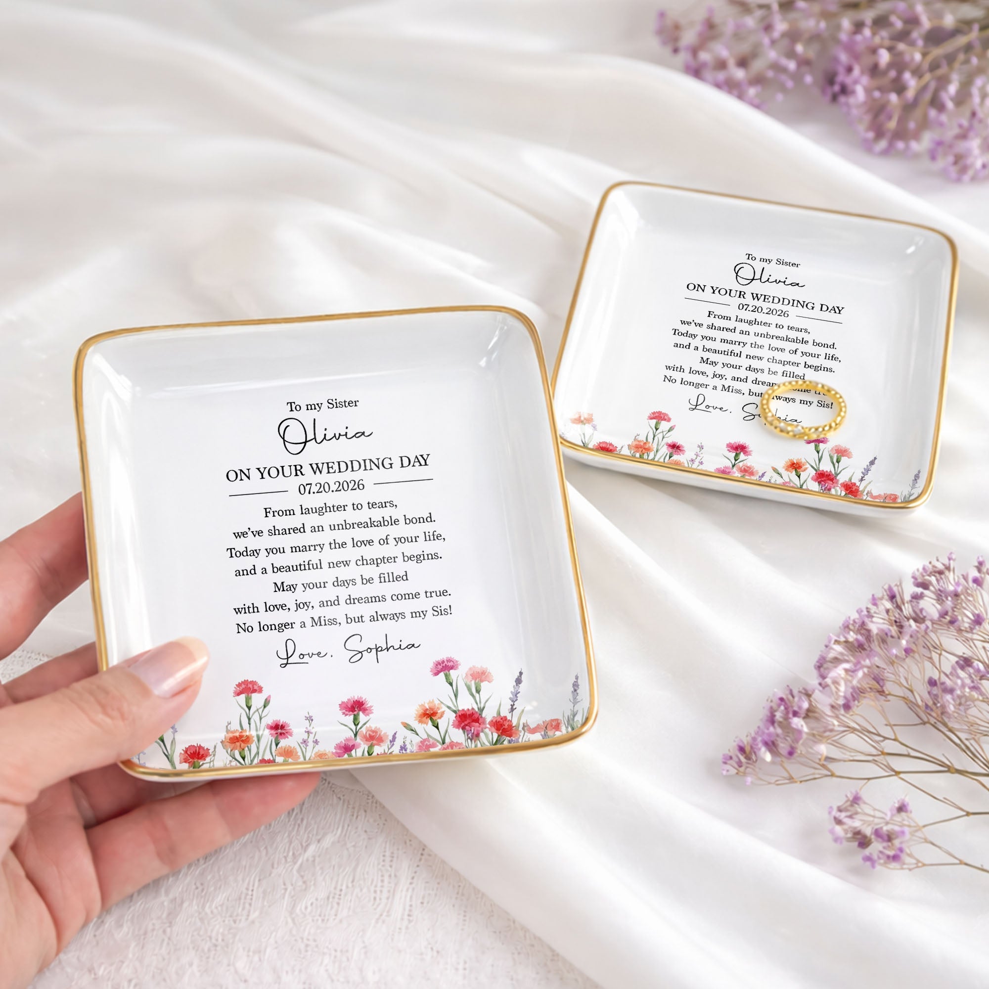 Personalized Wedding Day Jewelry Dish for Sister with Birth Month Flowers Jewelry Dish GradoCreations