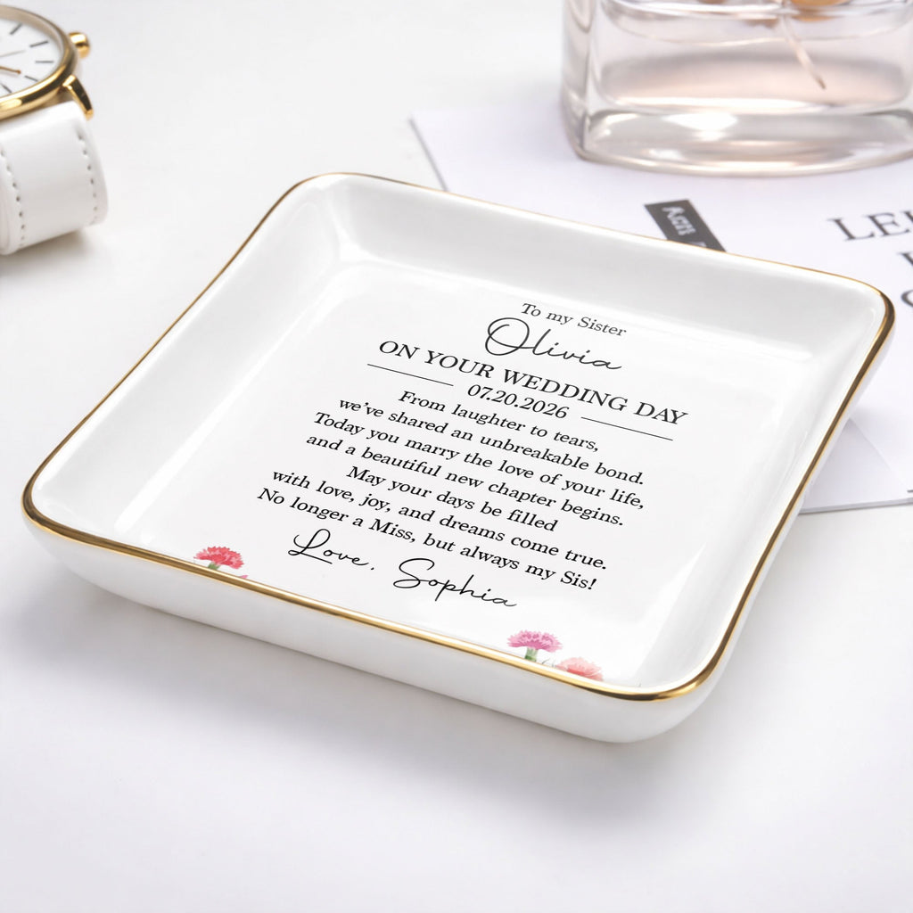 Personalized Wedding Day Jewelry Dish for Sister with Birth Month Flowers Jewelry Dish GradoCreations