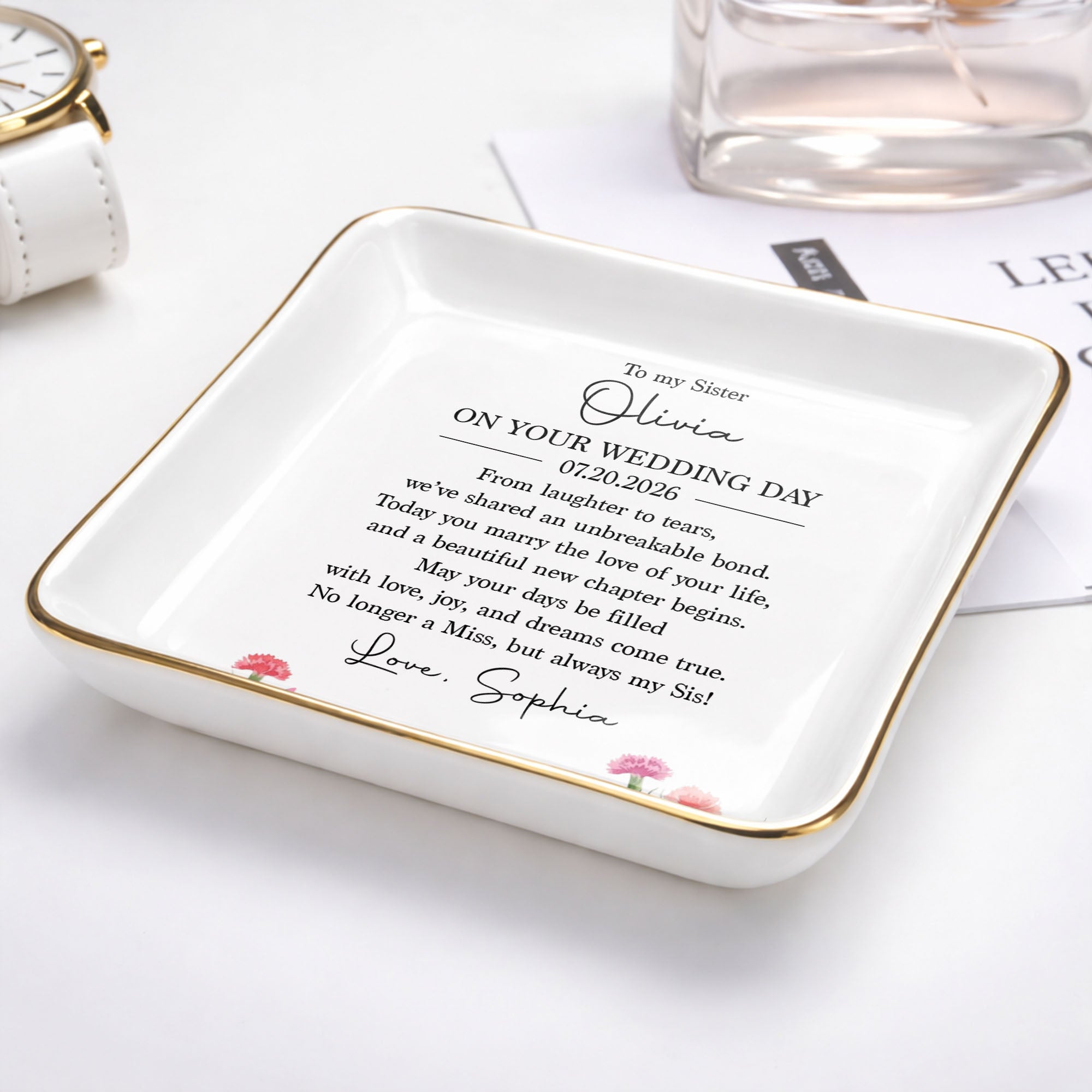 Personalized Wedding Day Jewelry Dish for Sister with Birth Month Flowers Jewelry Dish GradoCreations