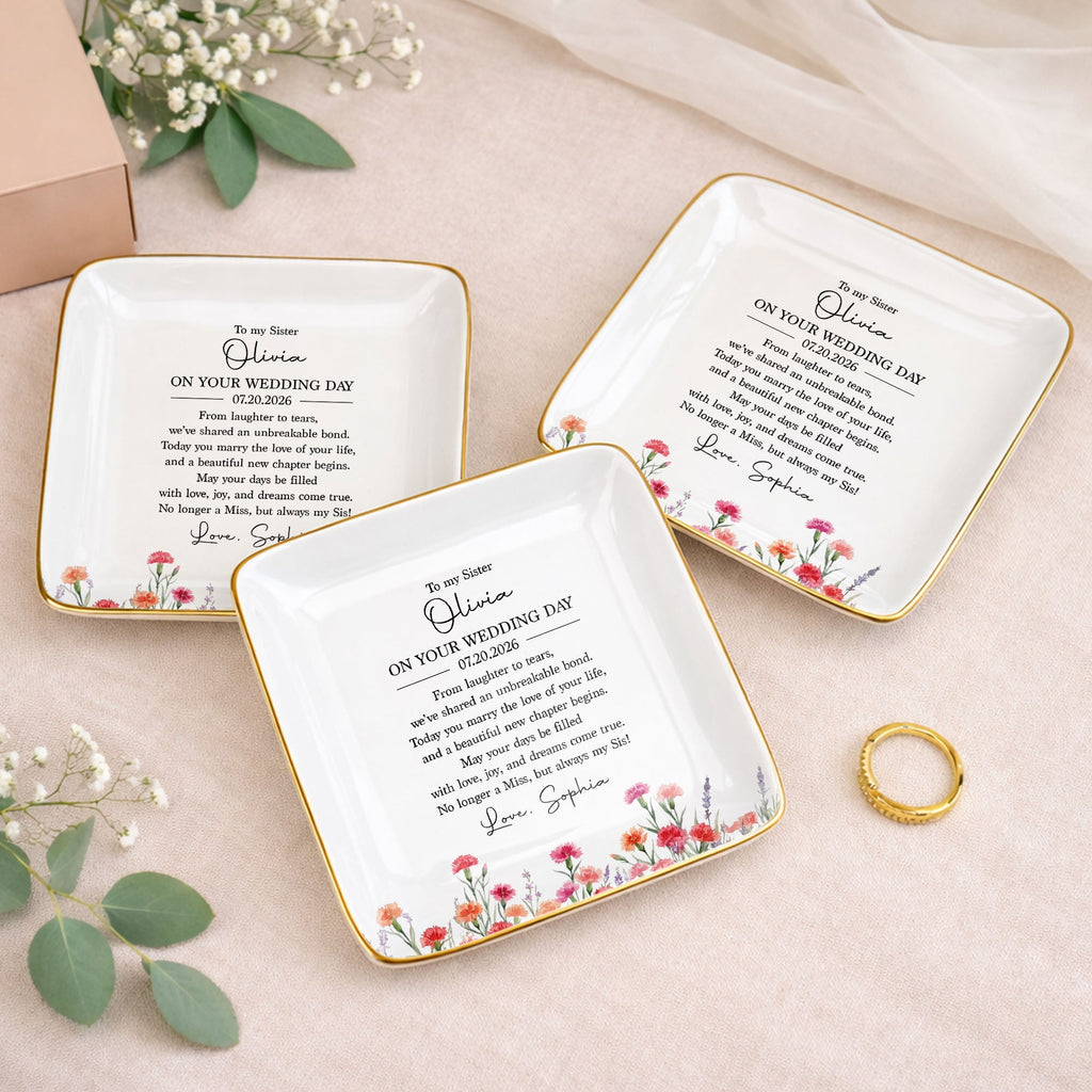 Personalized Wedding Day Jewelry Dish for Sister with Birth Month Flowers Jewelry Dish GradoCreations