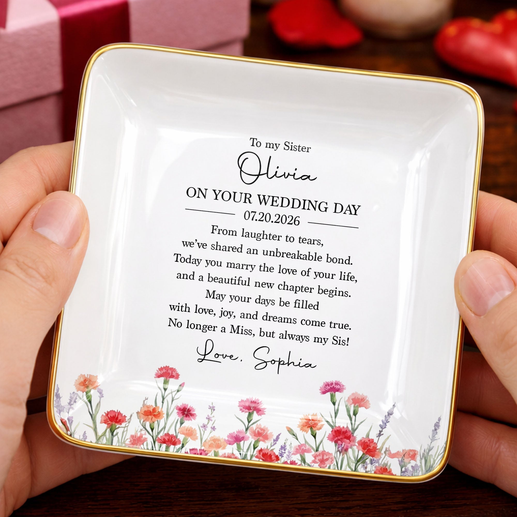 Personalized Wedding Day Jewelry Dish for Sister with Birth Month Flowers Jewelry Dish GradoCreations