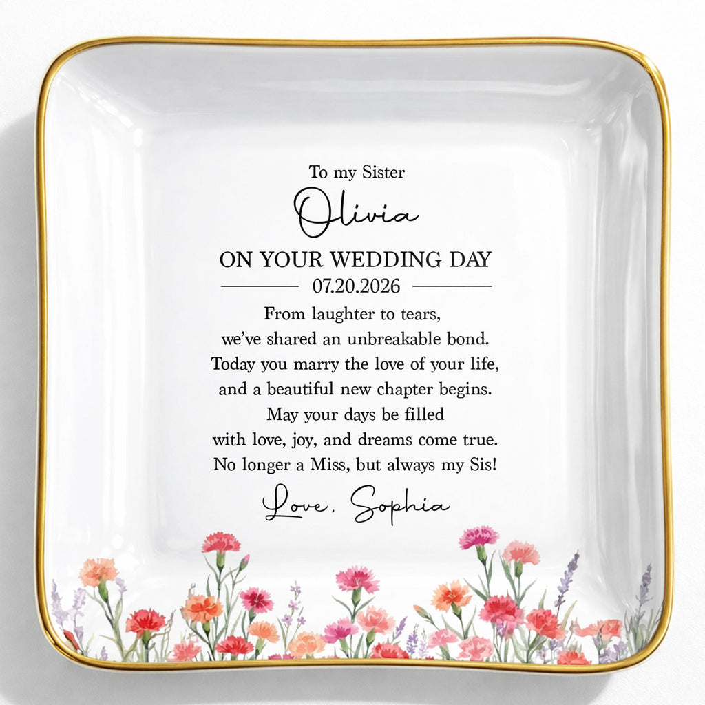 Personalized Wedding Day Jewelry Dish for Sister with Birth Month Flowers Jewelry Dish GradoCreations