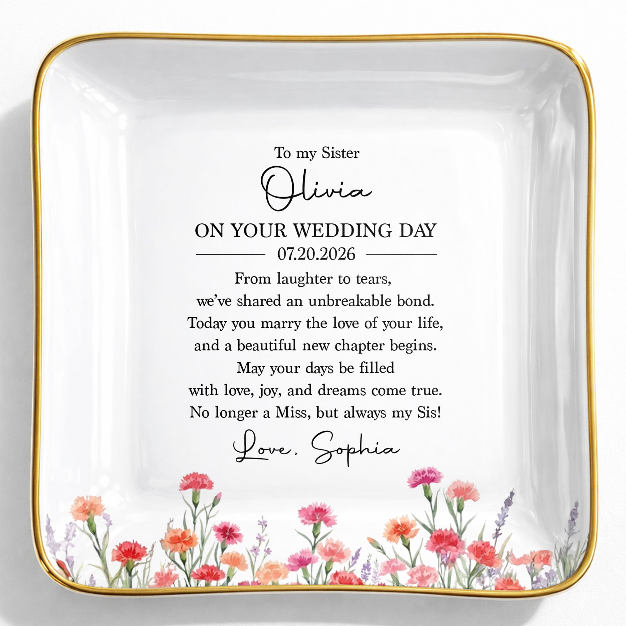 Personalized Wedding Day Jewelry Dish for Sister with Birth Month Flowers Jewelry Dish GradoCreations