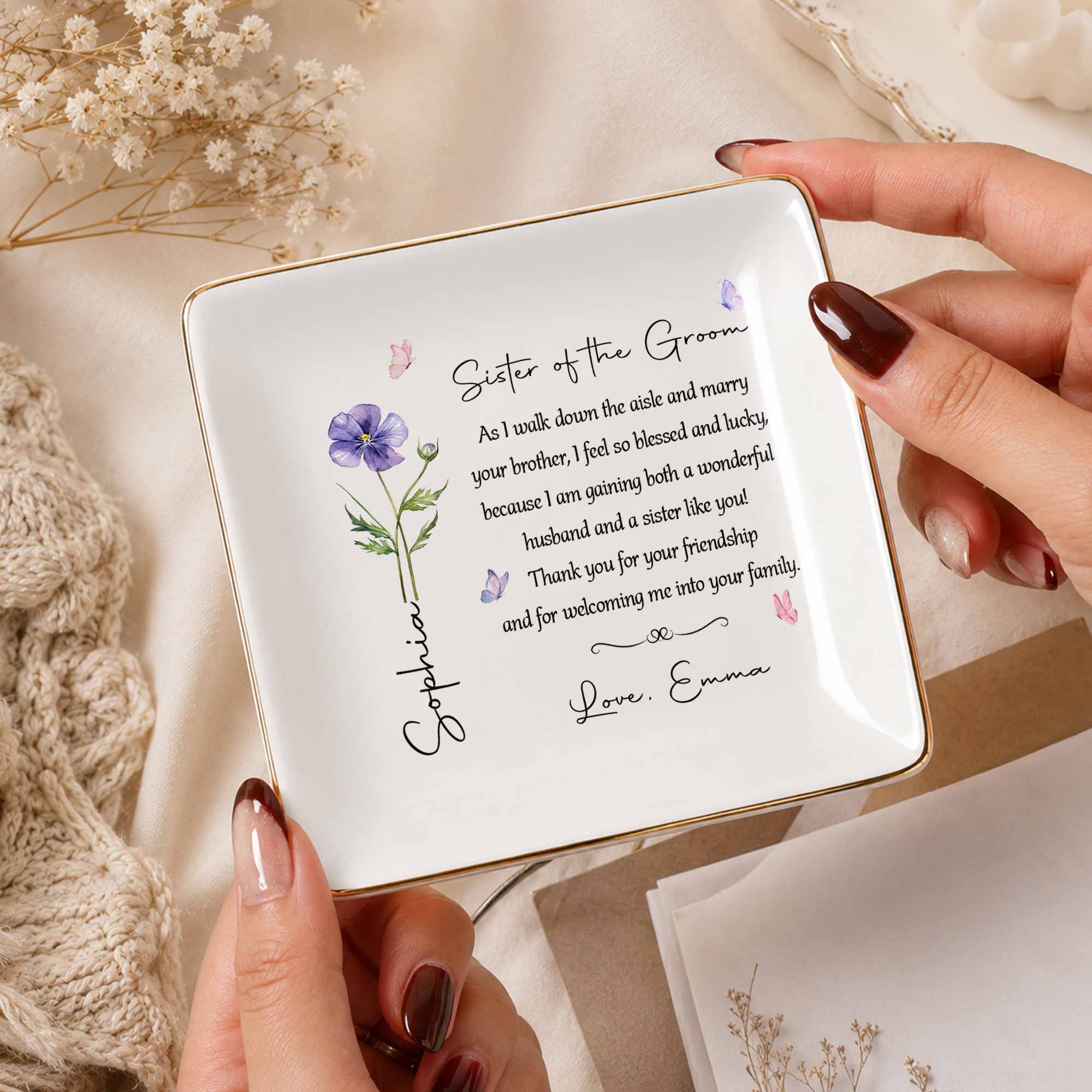 Personalized Sister of the Groom Jewelry Dish Custom Floral Gift