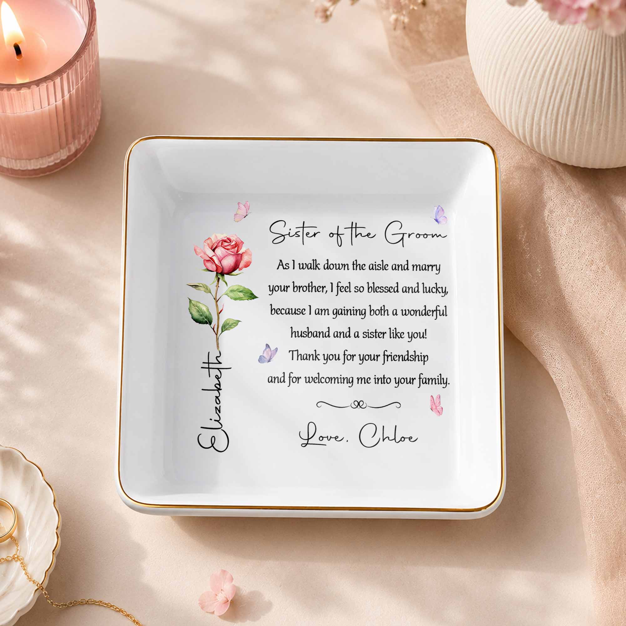 Personalized Sister of the Groom Jewelry Dish Custom Floral Gift