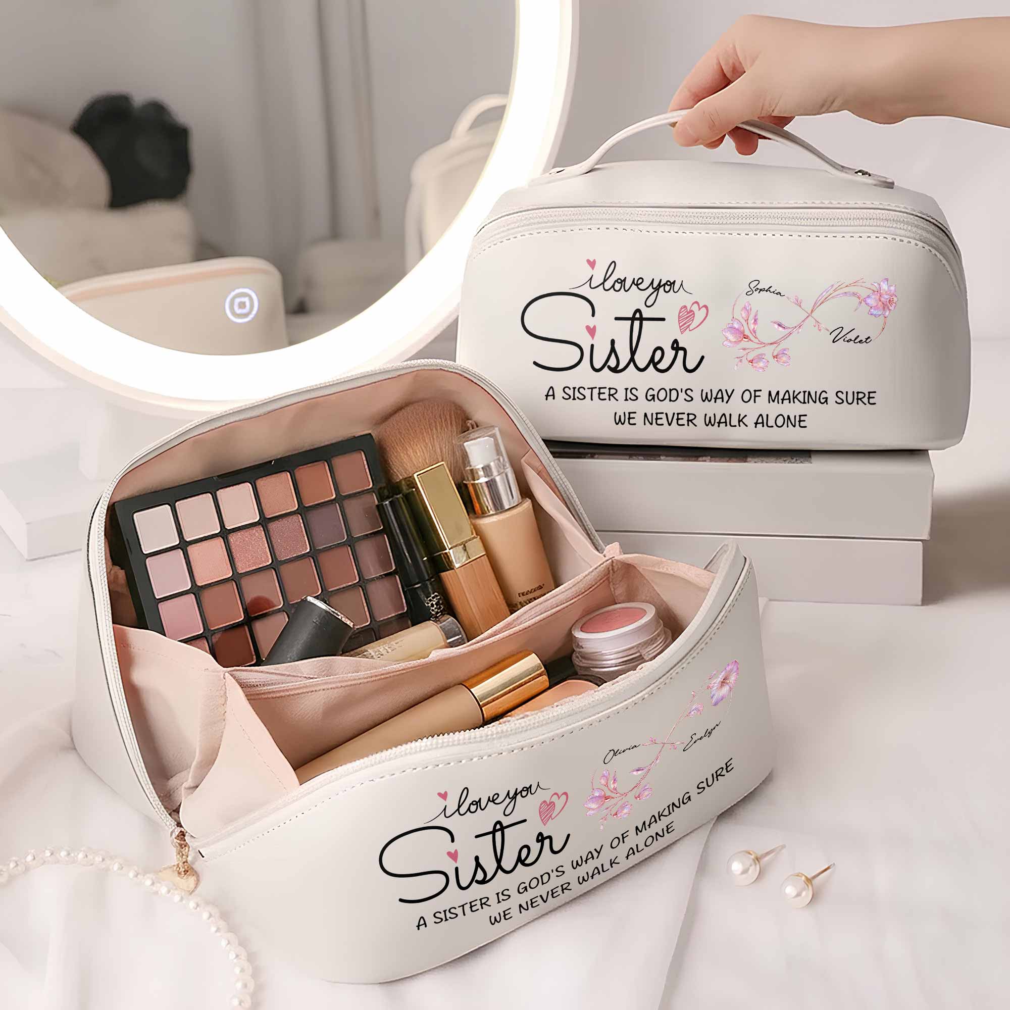 Personalized Faux Leather Makeup Bag Custom Design for Sister