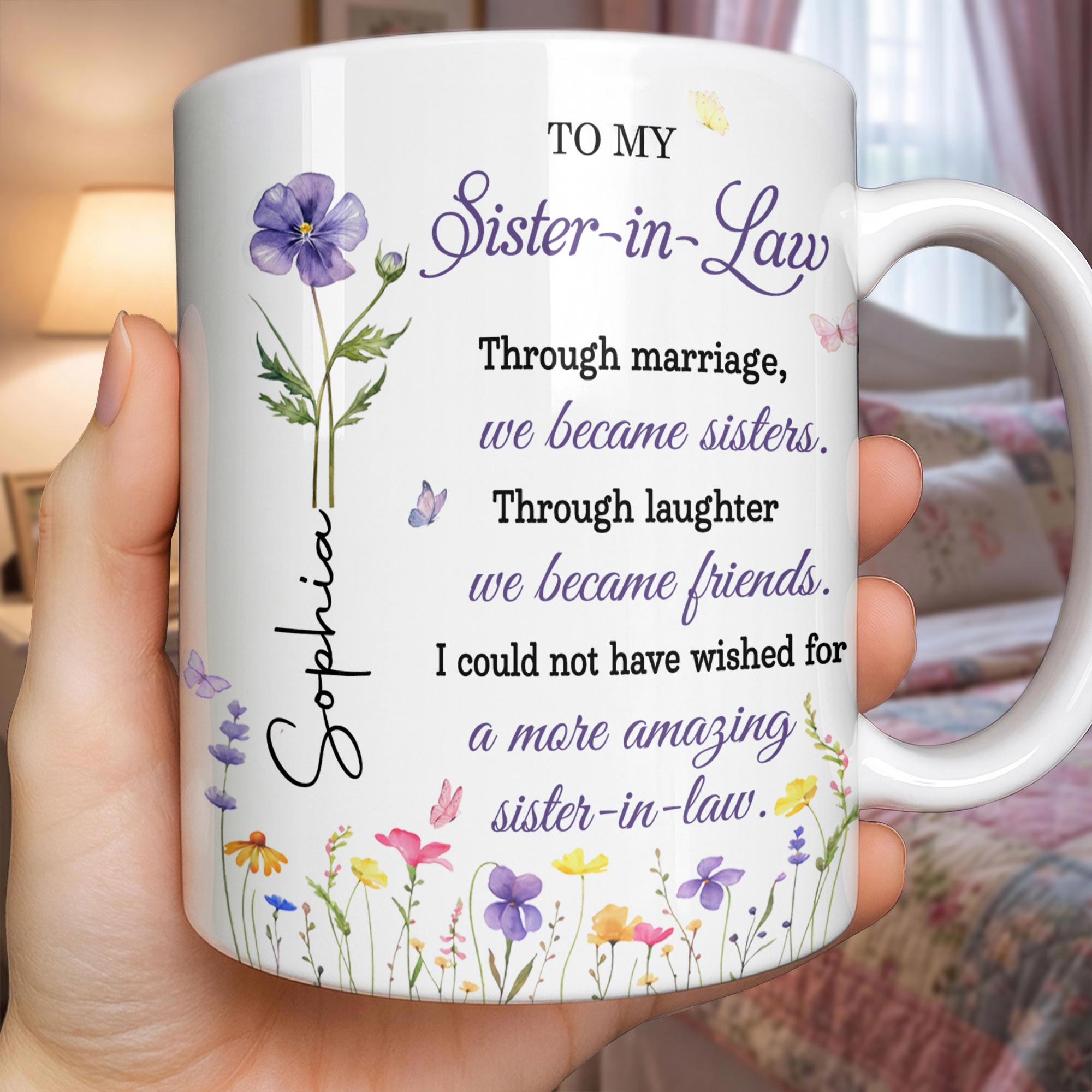 Personalized Purple Flower Butterflies Coffee Mug Gift for Sister-in-Law Edge-to-edge Mug GradoCreations