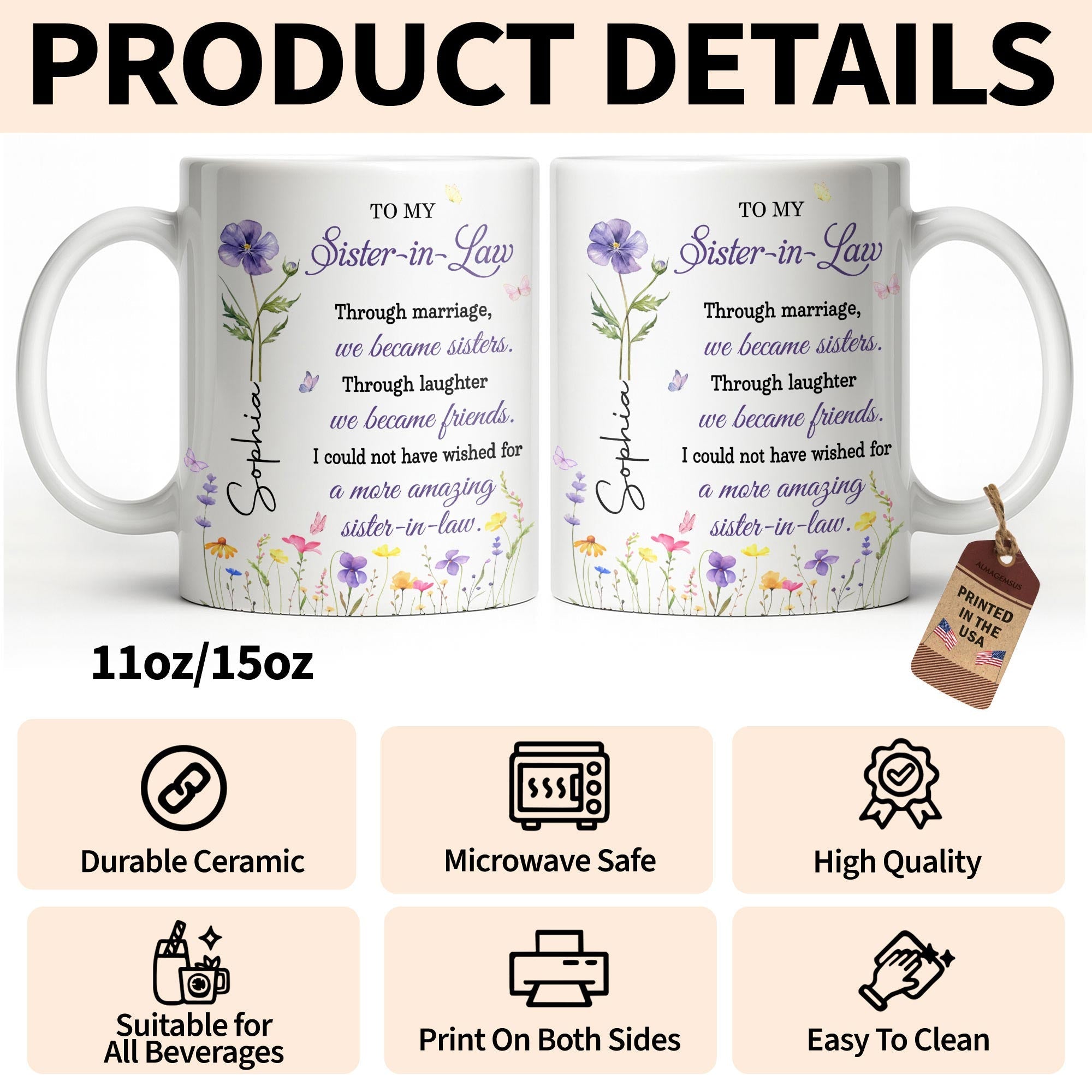 Personalized Purple Flower Butterflies Coffee Mug Gift for Sister-in-Law Edge-to-edge Mug GradoCreations