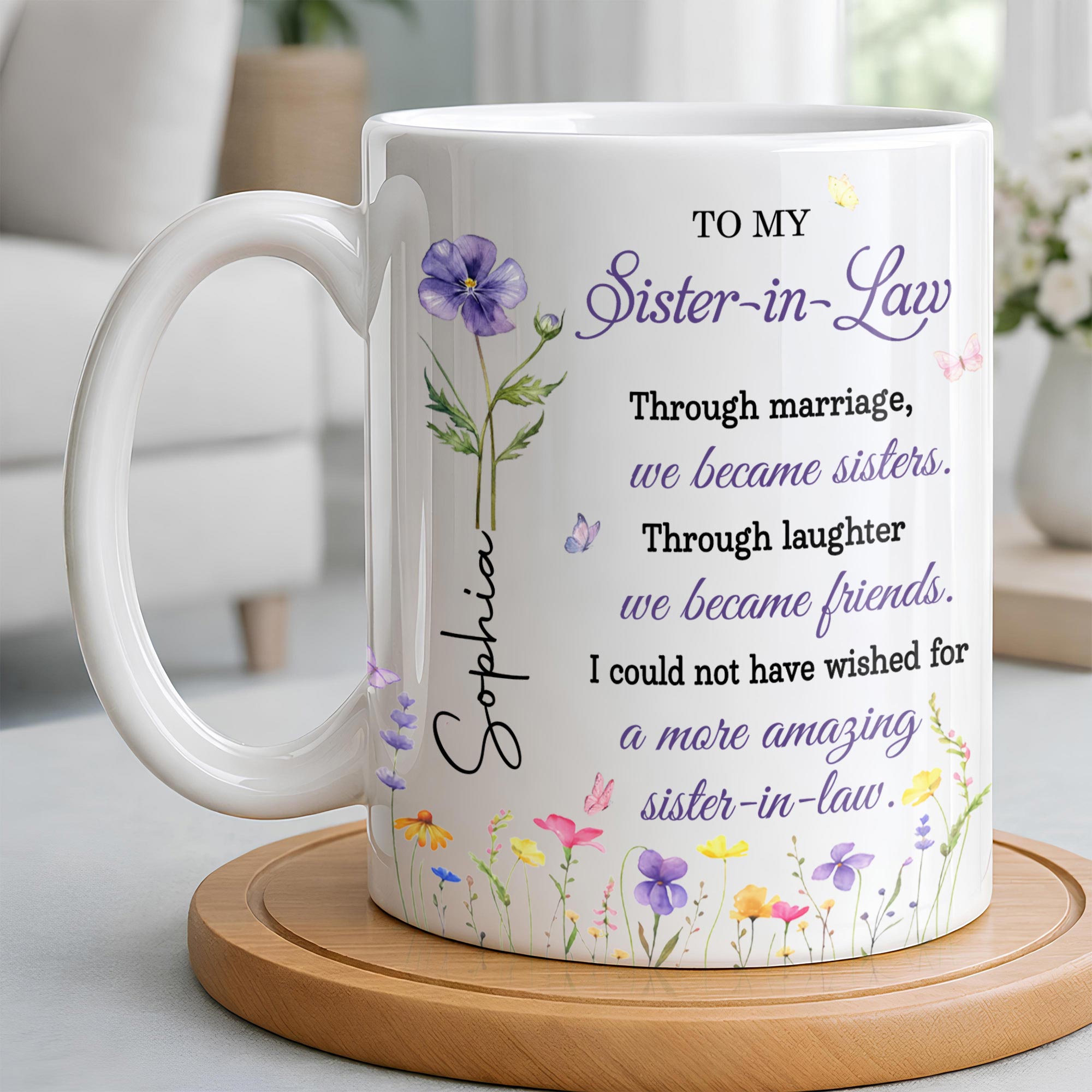 Personalized Purple Flower Butterflies Coffee Mug Gift for Sister-in-Law Edge-to-edge Mug GradoCreations