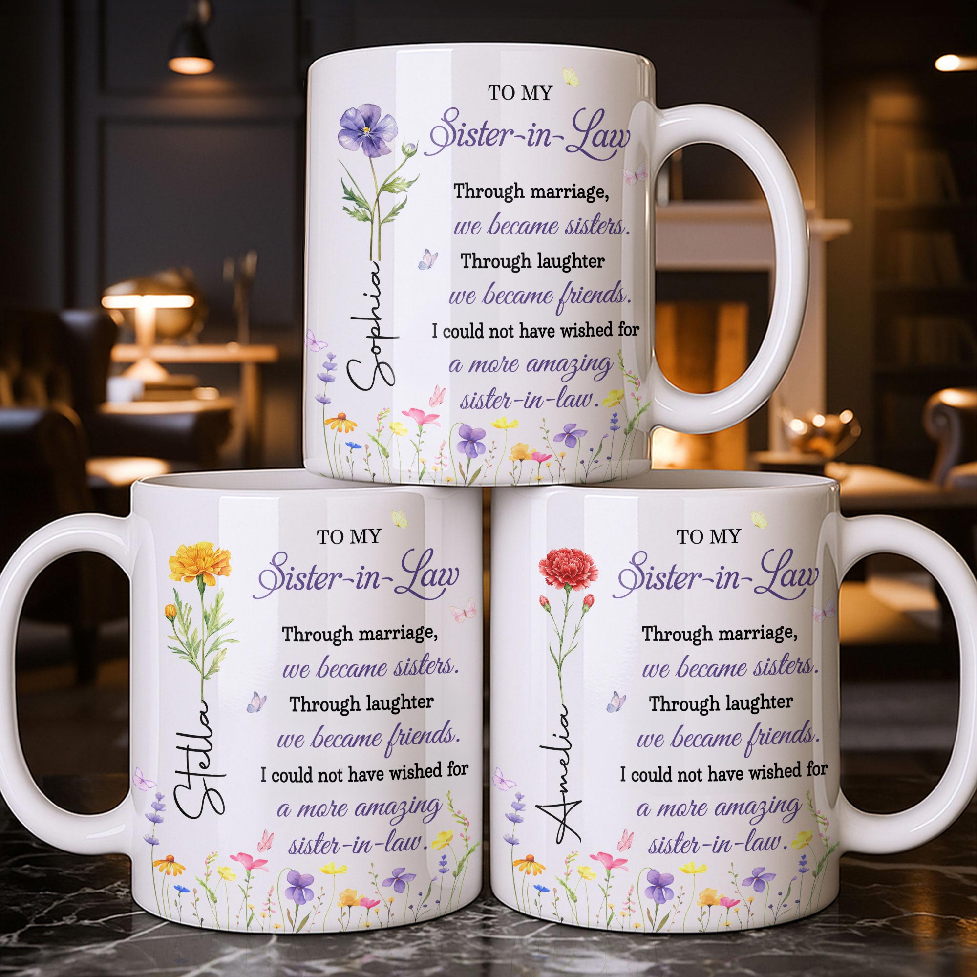 Personalized Purple Flower Butterflies Coffee Mug Gift for Sister-in-Law Edge-to-edge Mug GradoCreations