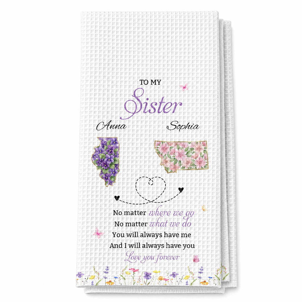 Personalized Kitchen Towel Custom Gift for Sister Flowers State Maps Kitchen Towel GradoCreations