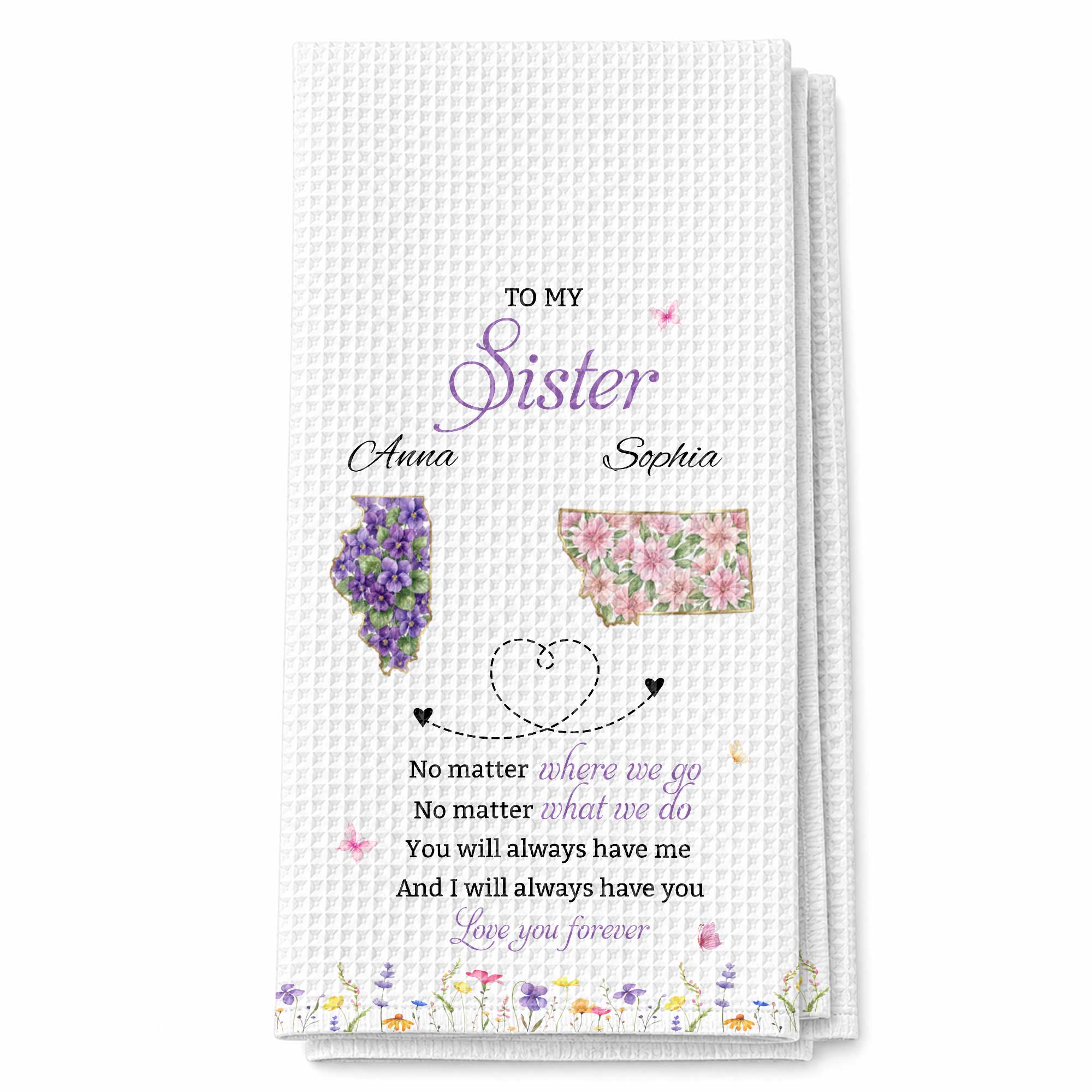 Personalized Kitchen Towel Custom Gift for Sister Flowers State Maps Kitchen Towel GradoCreations