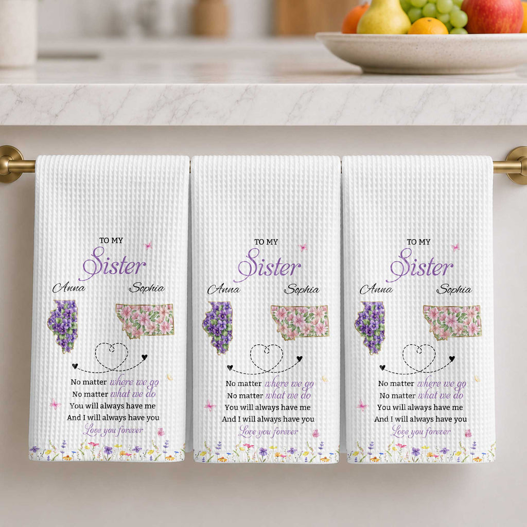 Personalized Kitchen Towel Custom Gift for Sister Flowers State Maps Kitchen Towel GradoCreations