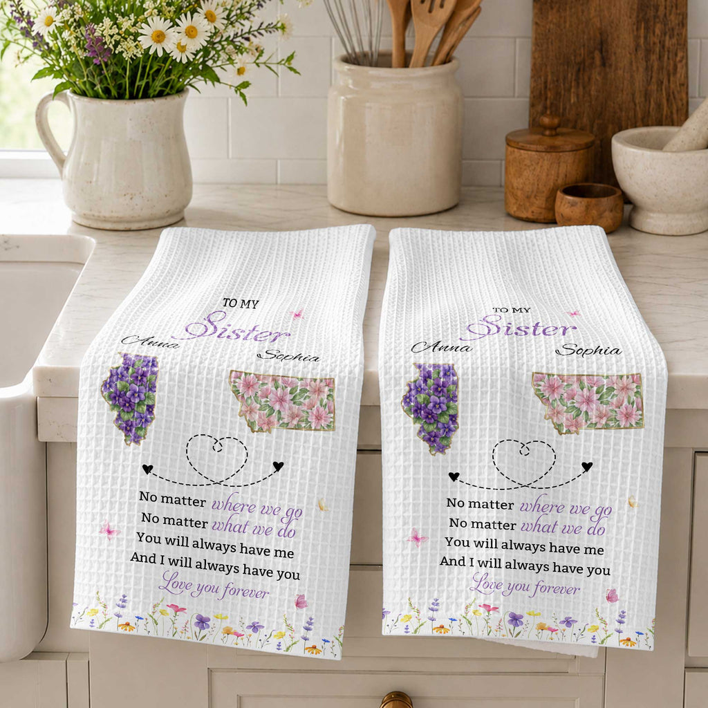 Personalized Kitchen Towel Custom Gift for Sister Flowers State Maps Kitchen Towel GradoCreations