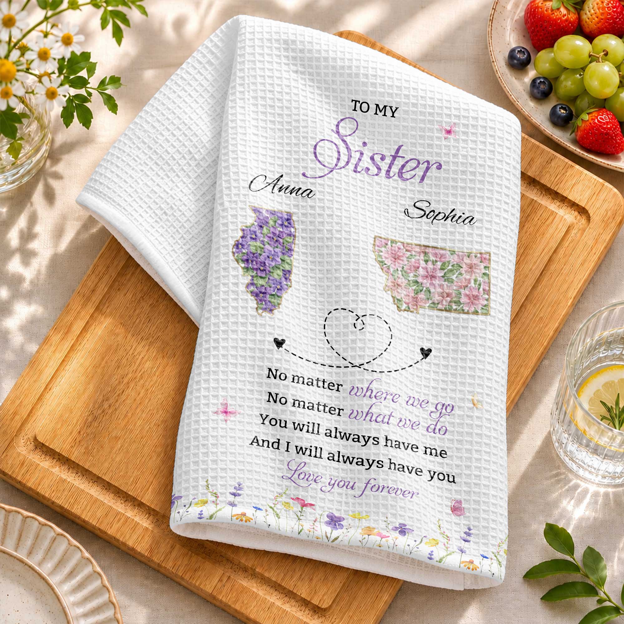 Personalized Kitchen Towel Custom Gift for Sister Flowers State Maps Kitchen Towel GradoCreations