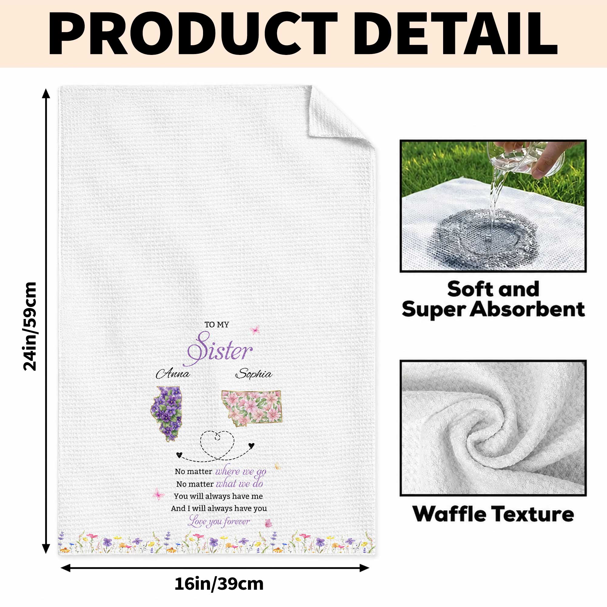 Personalized Kitchen Towel Custom Gift for Sister Flowers State Maps Kitchen Towel GradoCreations