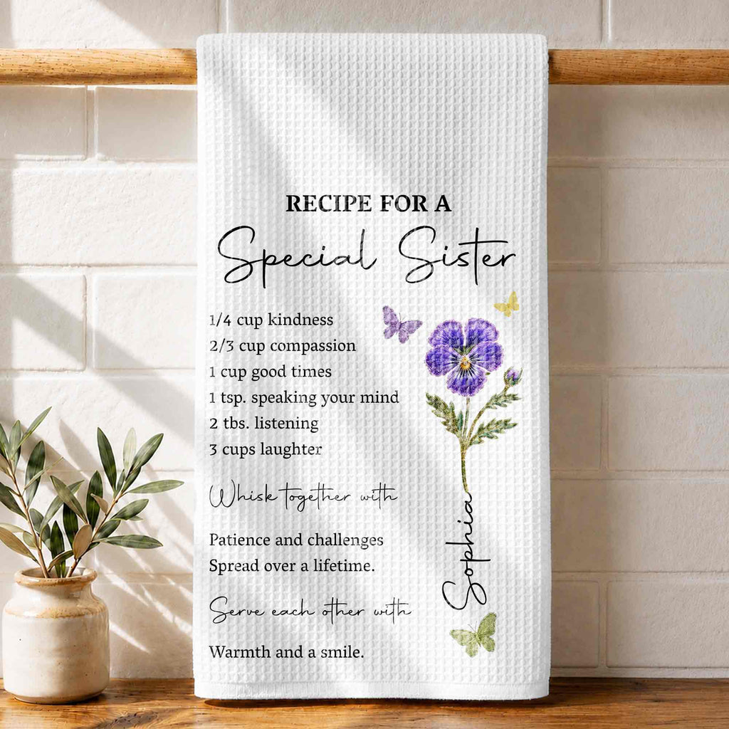 Personalized Kitchen Towel for Sister Birth Month Flowers & Butterflies Custom Gift Kitchen Towel GradoCreations