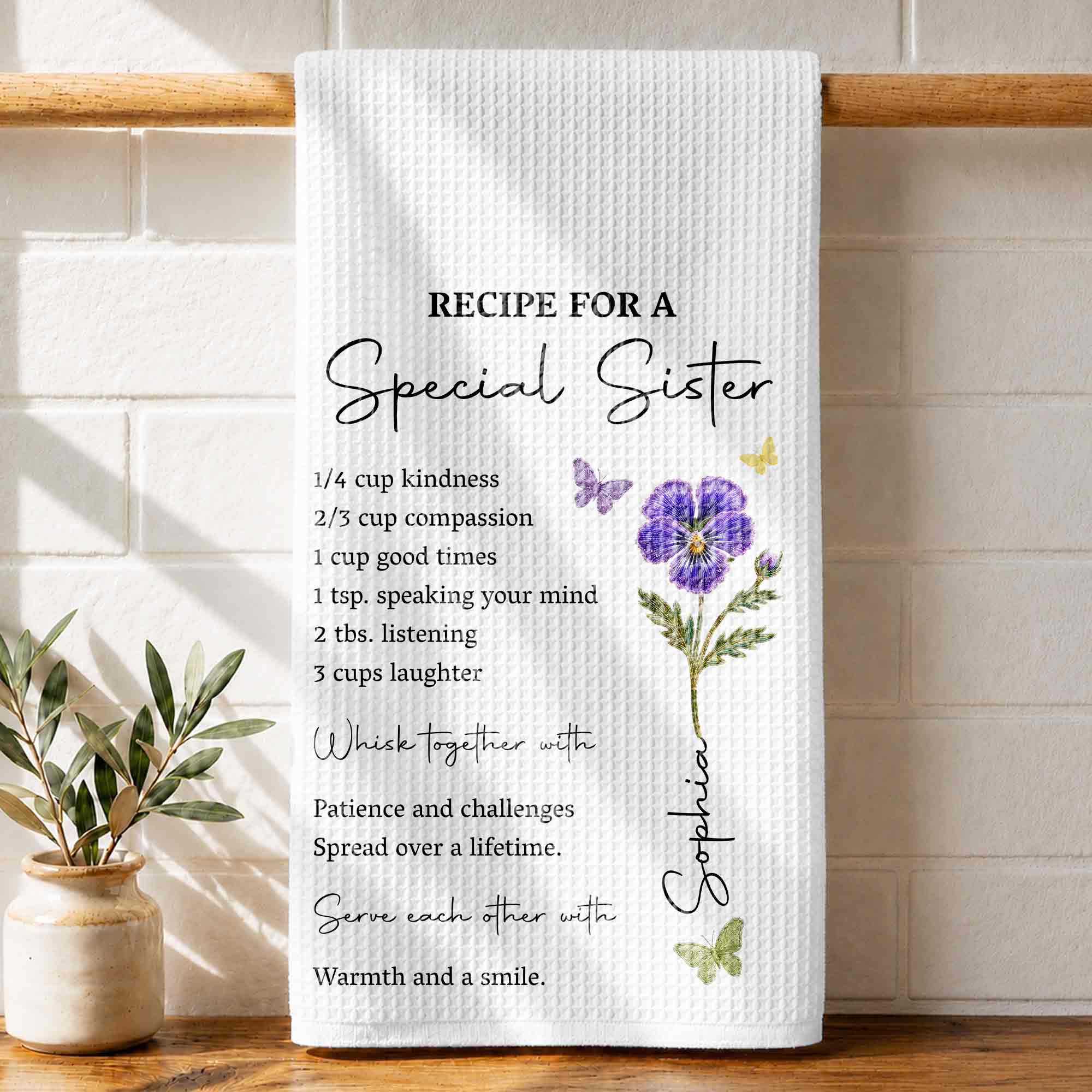 Personalized Kitchen Towel for Sister Birth Month Flowers & Butterflies Custom Gift Kitchen Towel GradoCreations