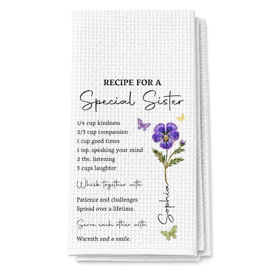 Personalized Kitchen Towel for Sister Birth Month Flowers & Butterflies Custom Gift Kitchen Towel GradoCreations