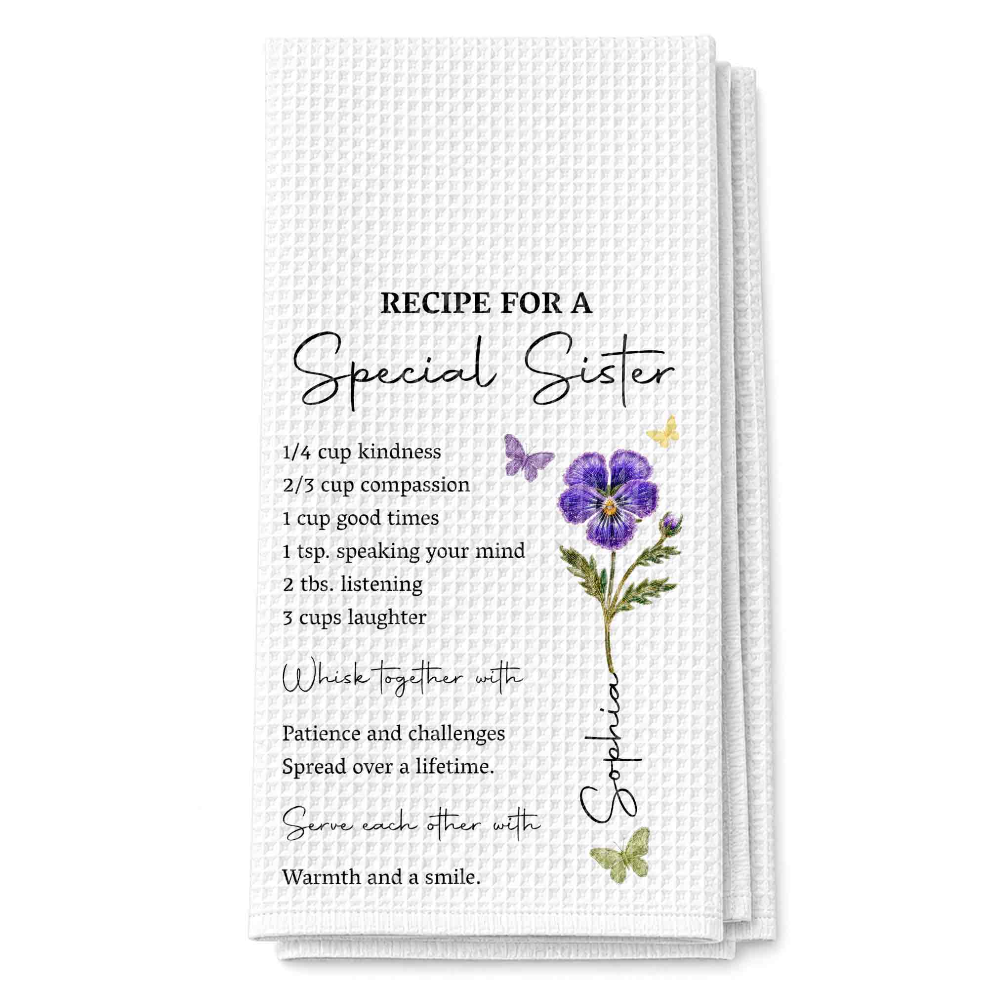 Personalized Kitchen Towel for Sister Birth Month Flowers & Butterflies Custom Gift Kitchen Towel GradoCreations