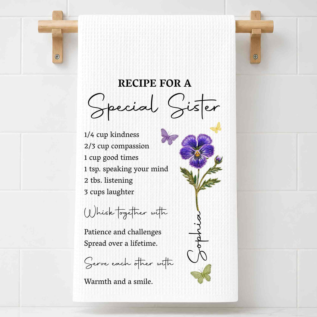 Personalized Kitchen Towel for Sister Birth Month Flowers & Butterflies Custom Gift Kitchen Towel GradoCreations