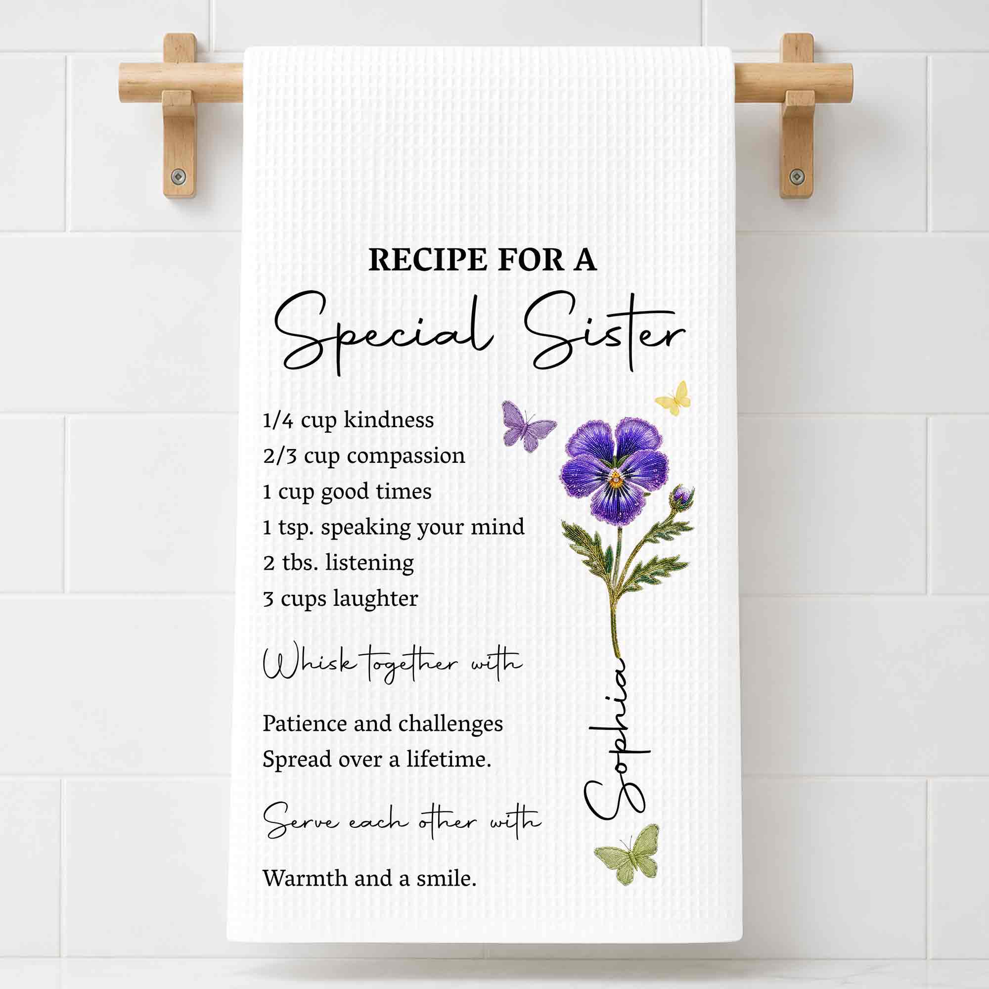 Personalized Kitchen Towel for Sister Birth Month Flowers & Butterflies Custom Gift Kitchen Towel GradoCreations
