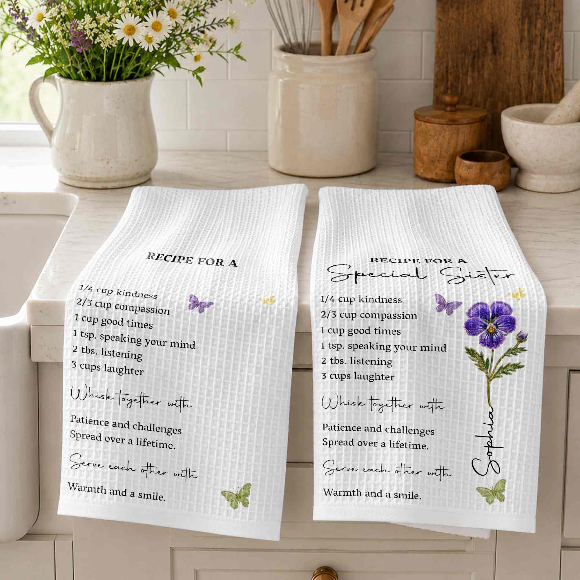 Personalized Kitchen Towel for Sister Birth Month Flowers & Butterflies Custom Gift Kitchen Towel GradoCreations