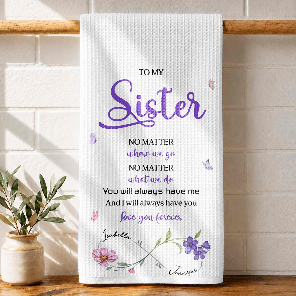 Personalized Kitchen Towel for Sister with Flowers & Butterflies Kitchen Towel GradoCreations