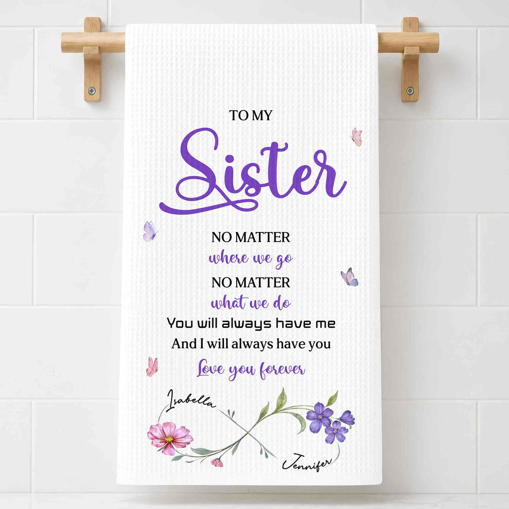 Personalized Kitchen Towel for Sister with Flowers & Butterflies Kitchen Towel GradoCreations