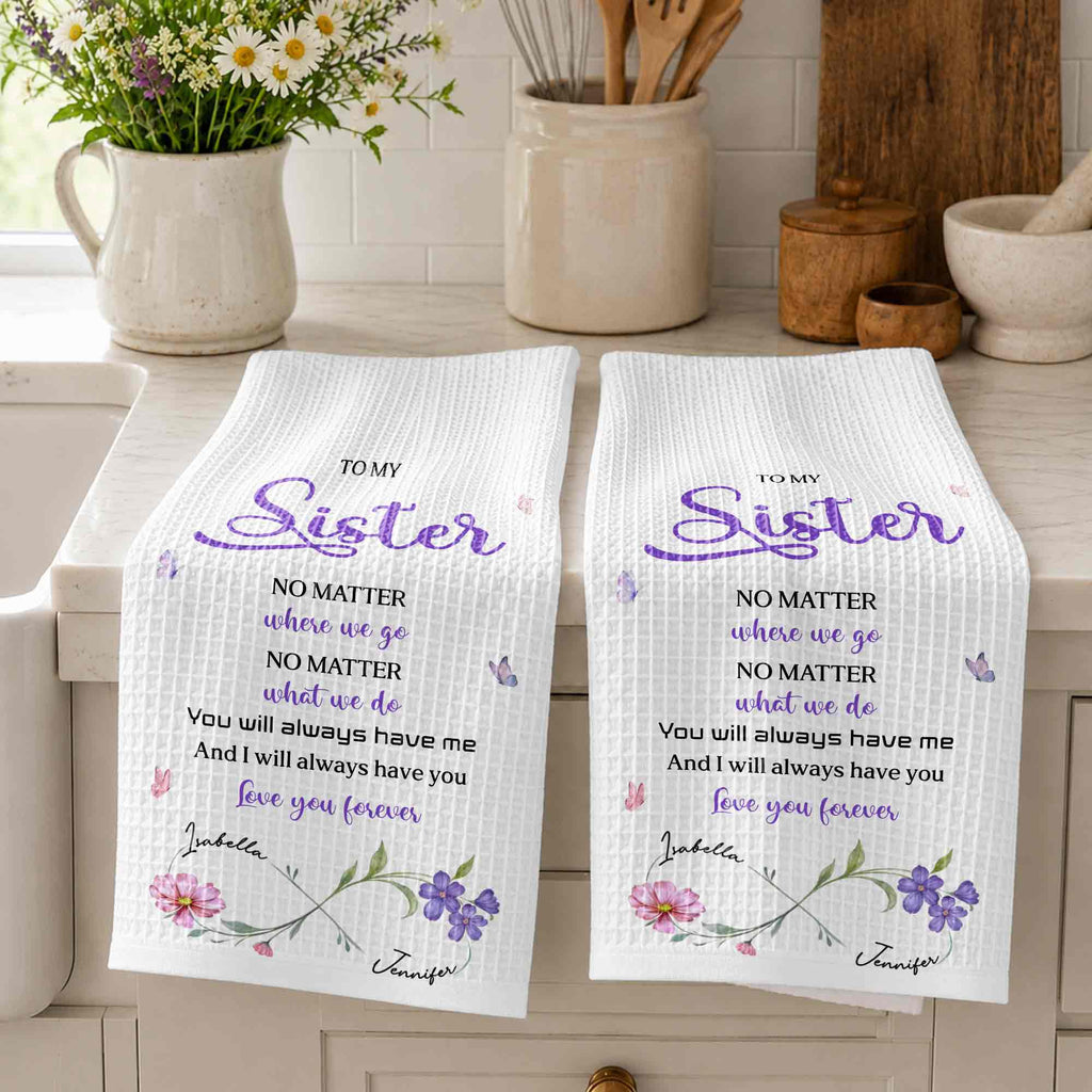 Personalized Kitchen Towel for Sister with Flowers & Butterflies Kitchen Towel GradoCreations