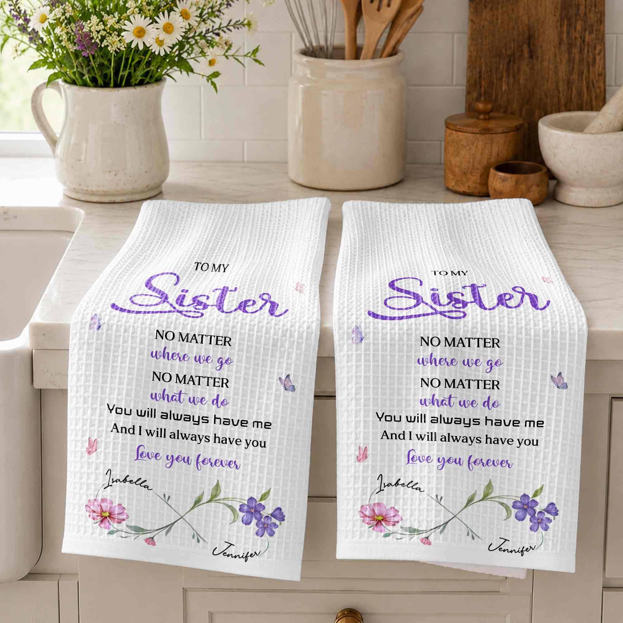 Personalized Kitchen Towel for Sister with Flowers & Butterflies Kitchen Towel GradoCreations
