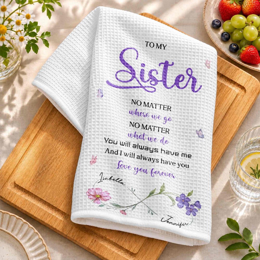 Personalized Kitchen Towel for Sister with Flowers & Butterflies Kitchen Towel GradoCreations