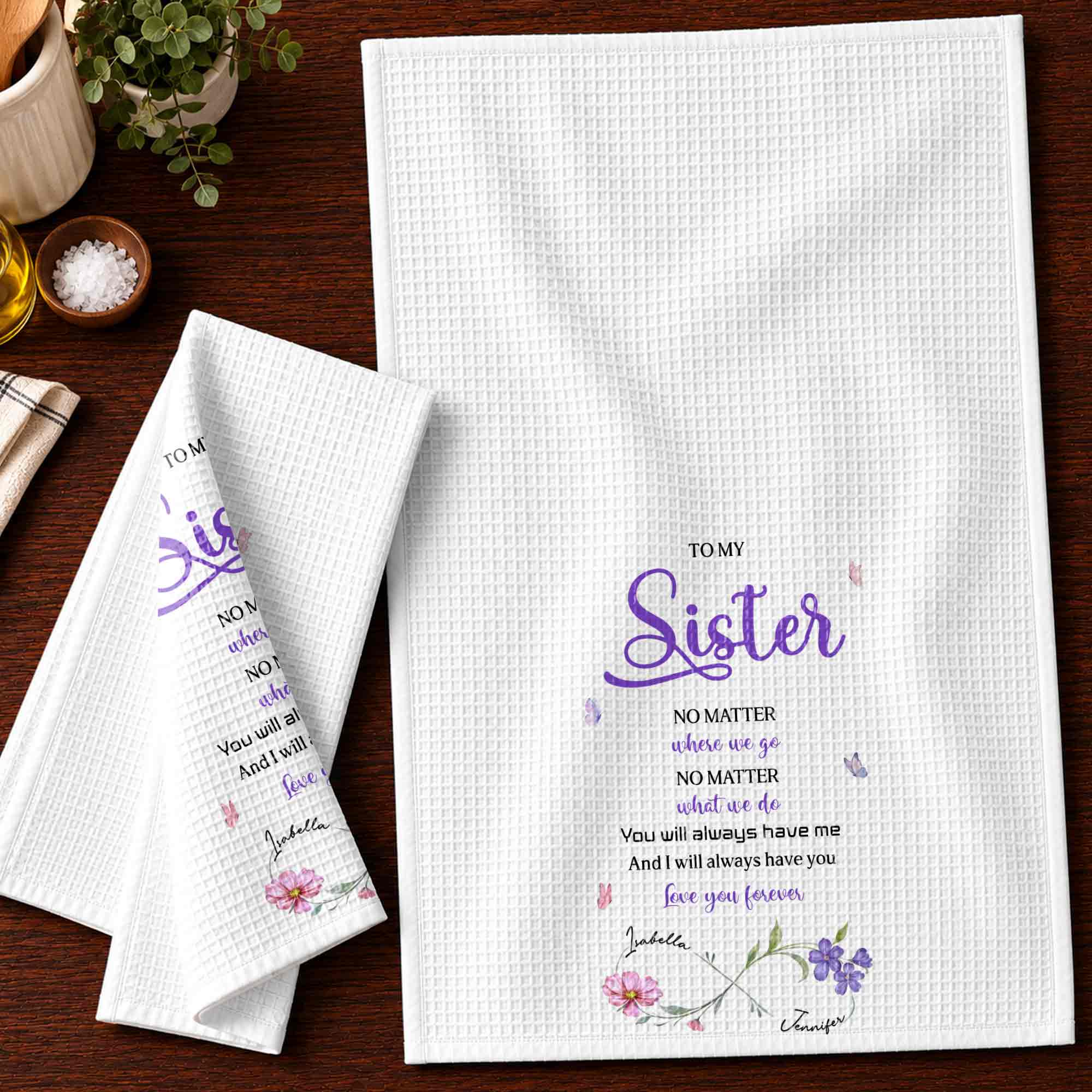 Personalized Kitchen Towel for Sister with Flowers & Butterflies Kitchen Towel GradoCreations