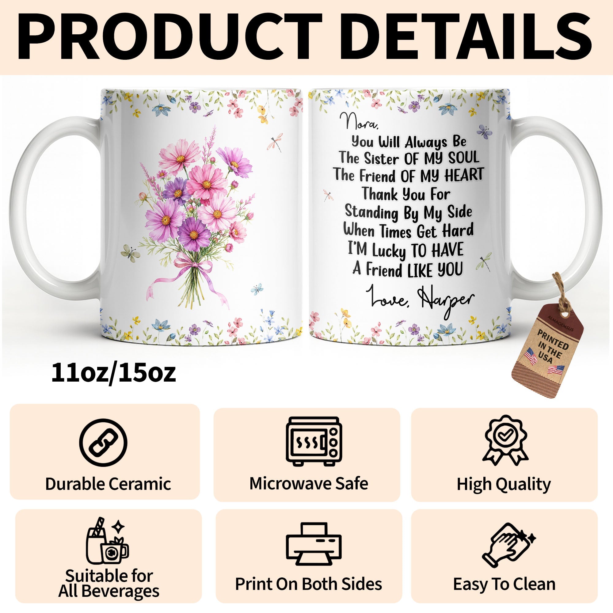 Personalized Floral Birth Month Flower Coffee Mug Custom Gift for Sister Edge-to-edge Mug GradoCreations