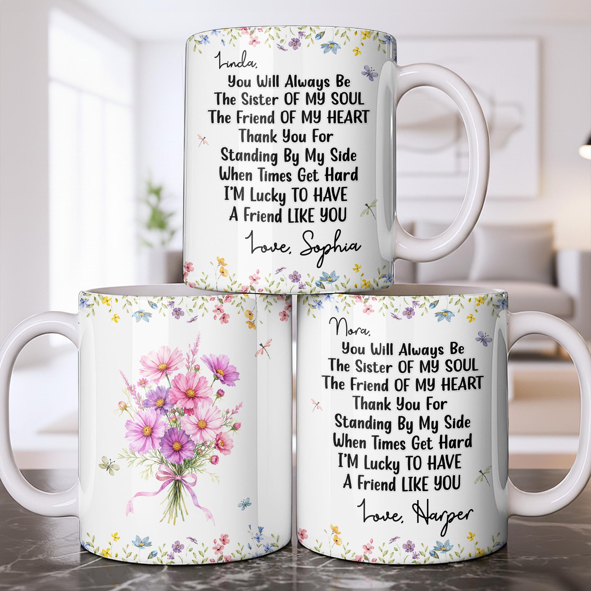 Personalized Floral Birth Month Flower Coffee Mug Custom Gift for Sister Edge-to-edge Mug GradoCreations