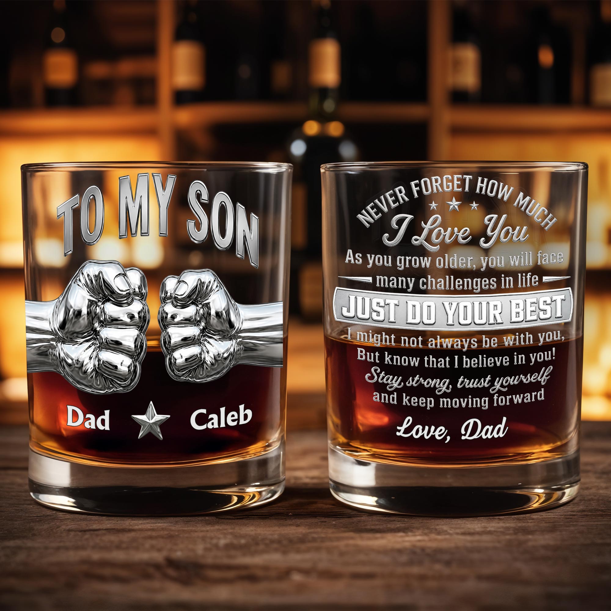Personalized Whiskey Glass Fist Bump Custom Name Gift for Son Whiskey Glass GradoCreations