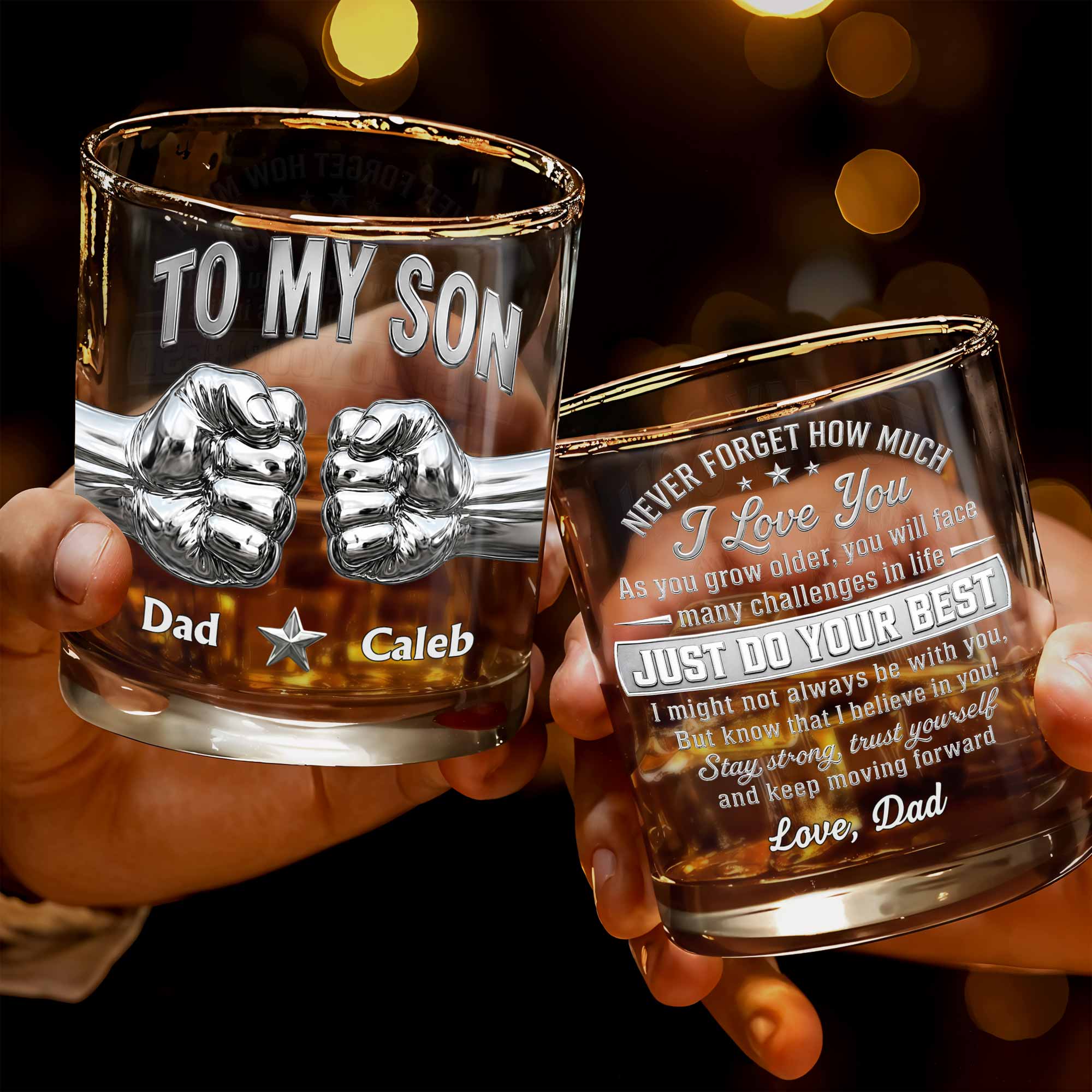 Personalized Whiskey Glass Fist Bump Custom Name Gift for Son Whiskey Glass GradoCreations