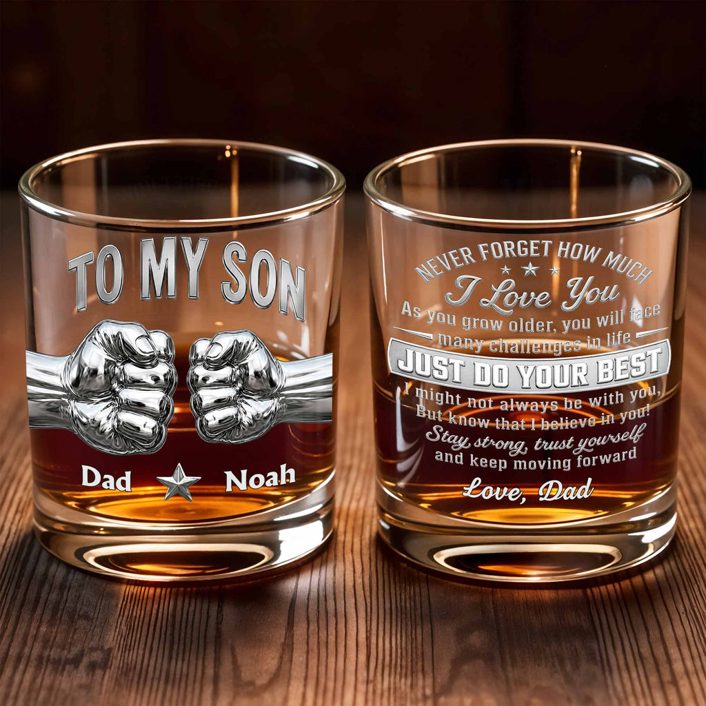 Personalized Whiskey Glass Fist Bump Custom Name Gift for Son Whiskey Glass GradoCreations