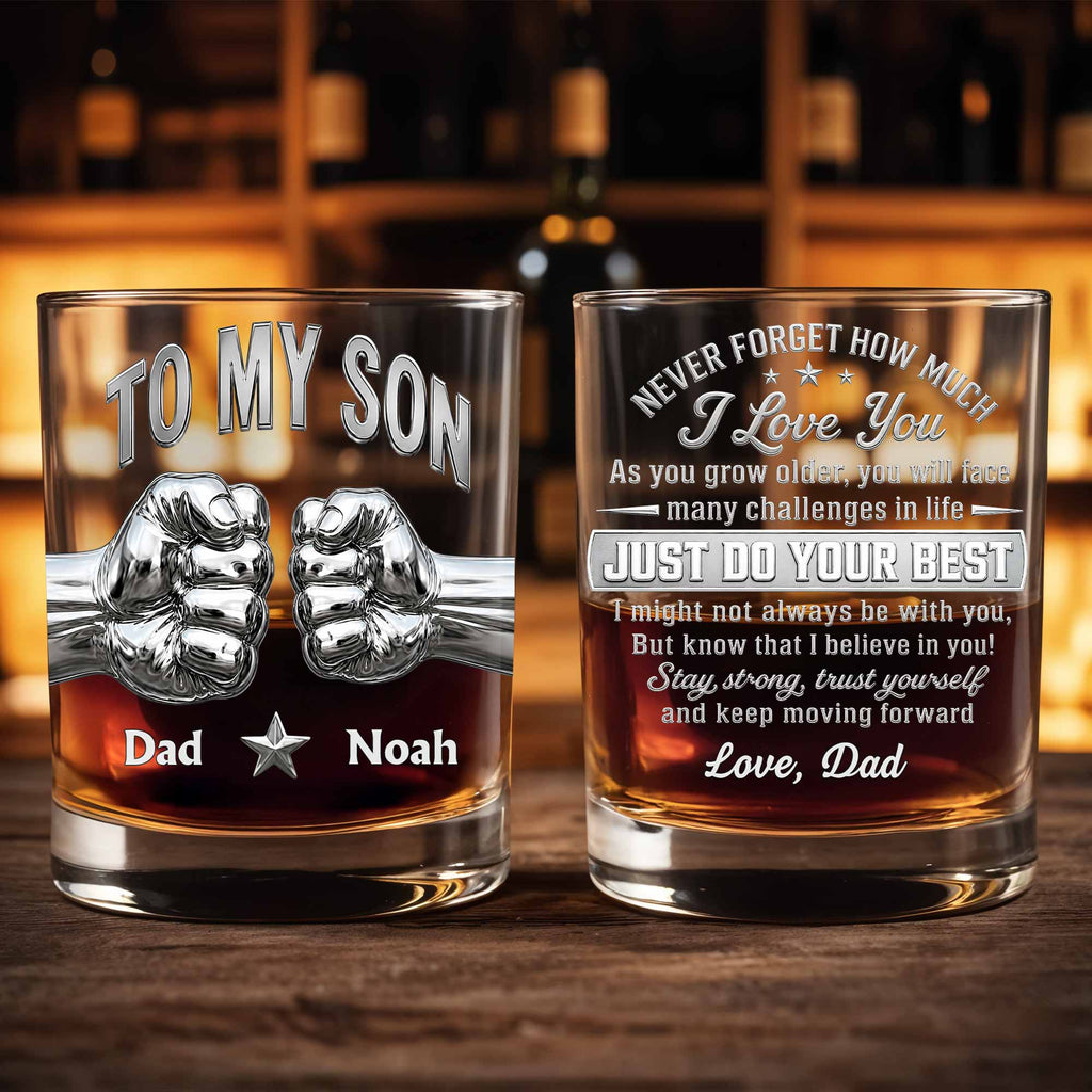 Personalized Whiskey Glass Fist Bump Custom Name Gift for Son Whiskey Glass GradoCreations