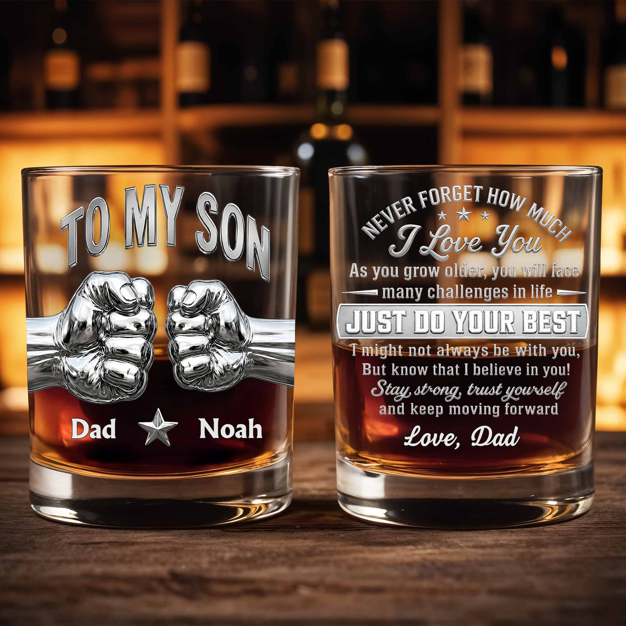 Personalized Whiskey Glass Fist Bump Custom Name Gift for Son Whiskey Glass GradoCreations