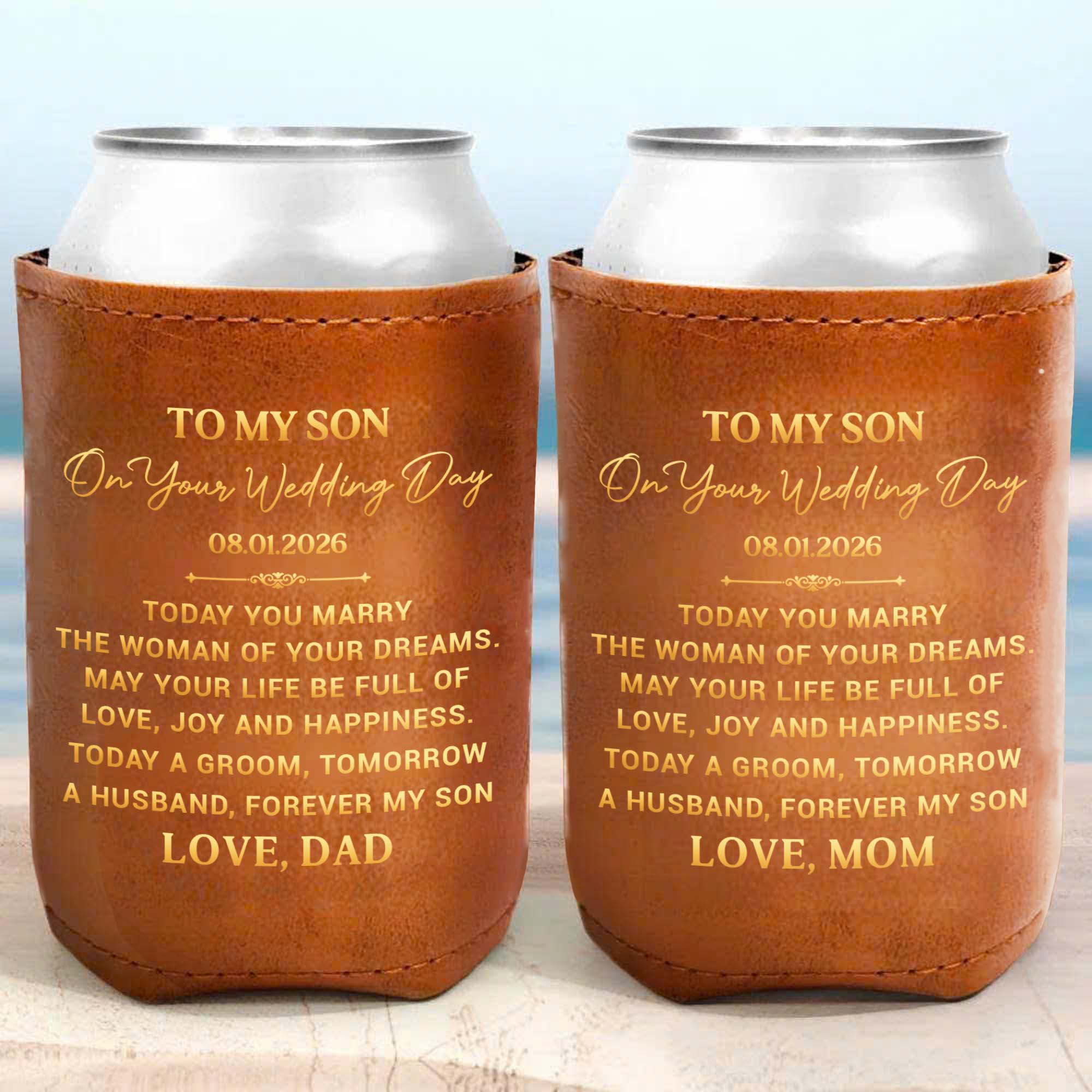 Personalized Leather Can Cooler Gift for Son Wedding Day Leather Can Cooler GradoCreations