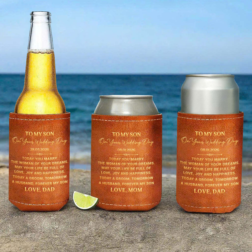 Personalized Leather Can Cooler Gift for Son Wedding Day Leather Can Cooler GradoCreations